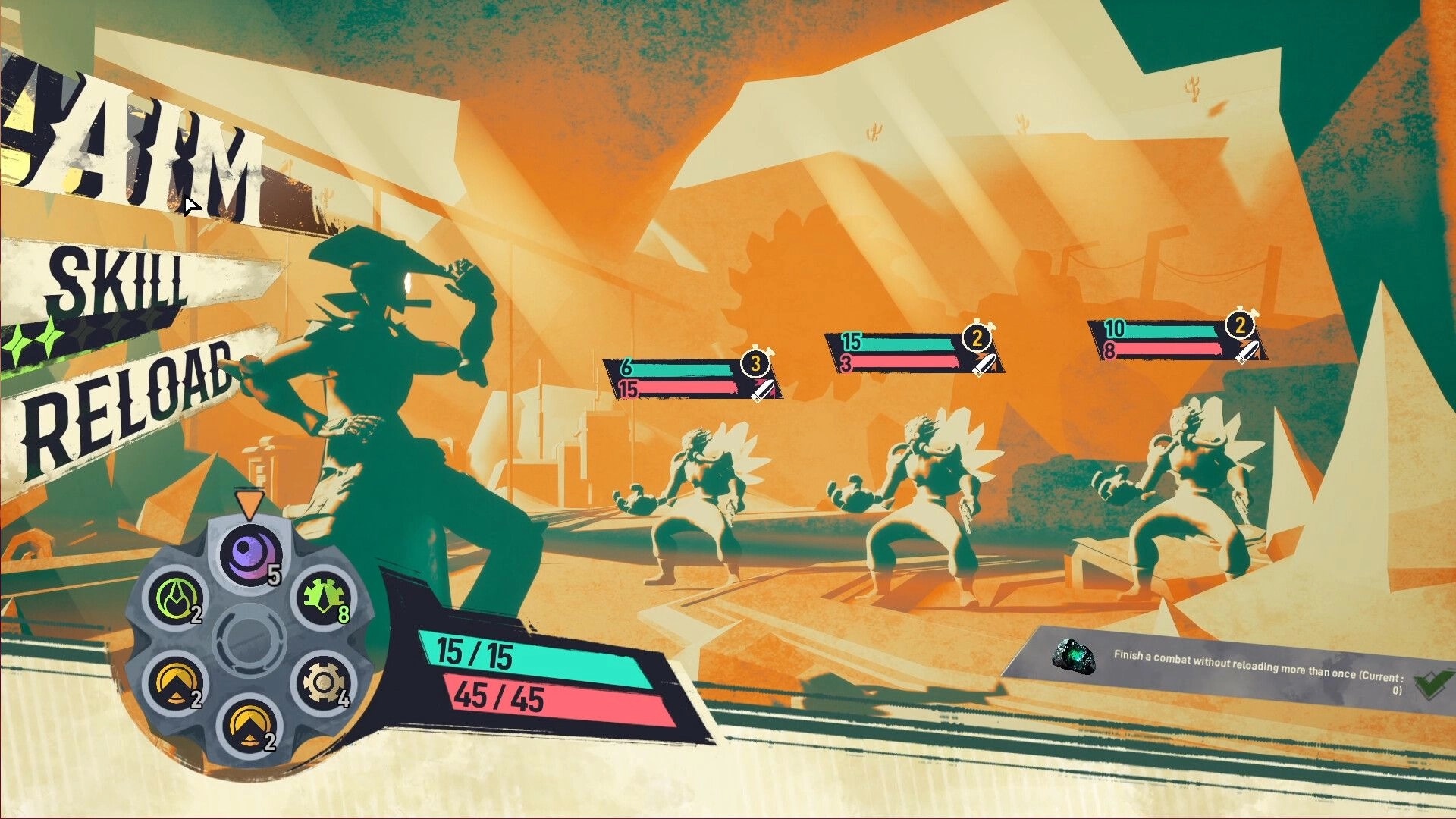 Barrel Roll: Player strategizes in turn-based combat against three enemies in a futuristic desert setting.