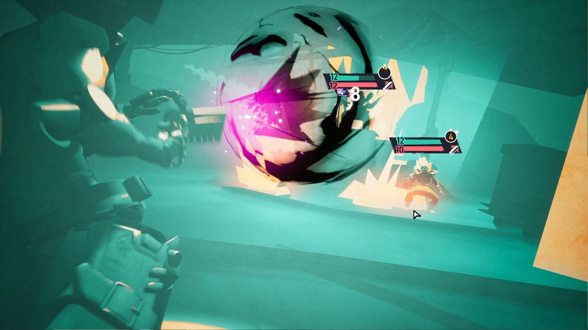 Barrel Roll: Player aims revolver at enemy in futuristic arena with health bars and attack effects visible