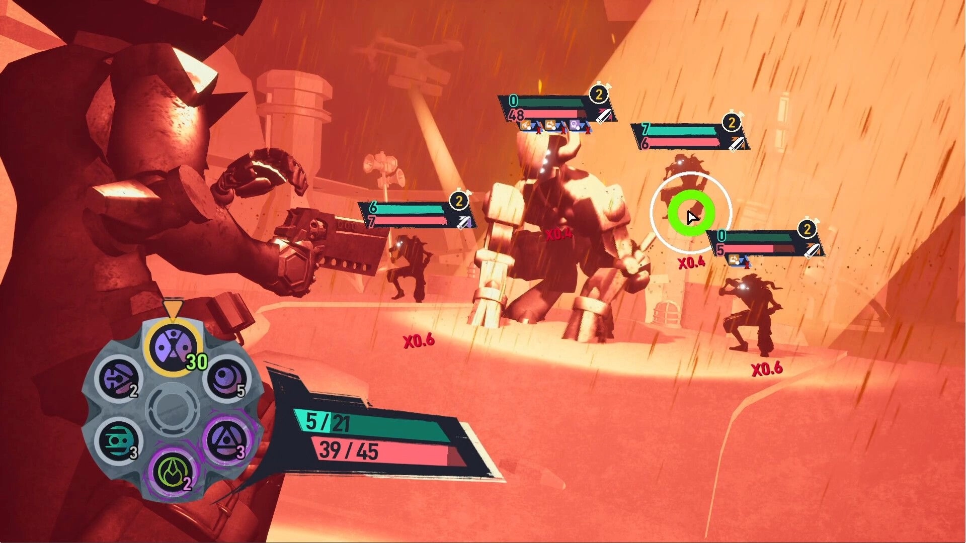 Barrel Roll: Player aiming revolver at enemies with health bars in futuristic desert combat scene