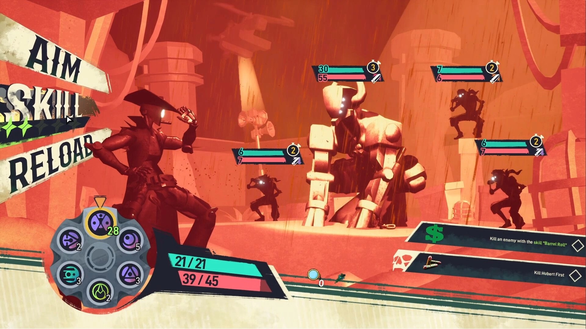 Barrel Roll: Player character aiming at enemies in a futuristic desert with skill selection menu visible.