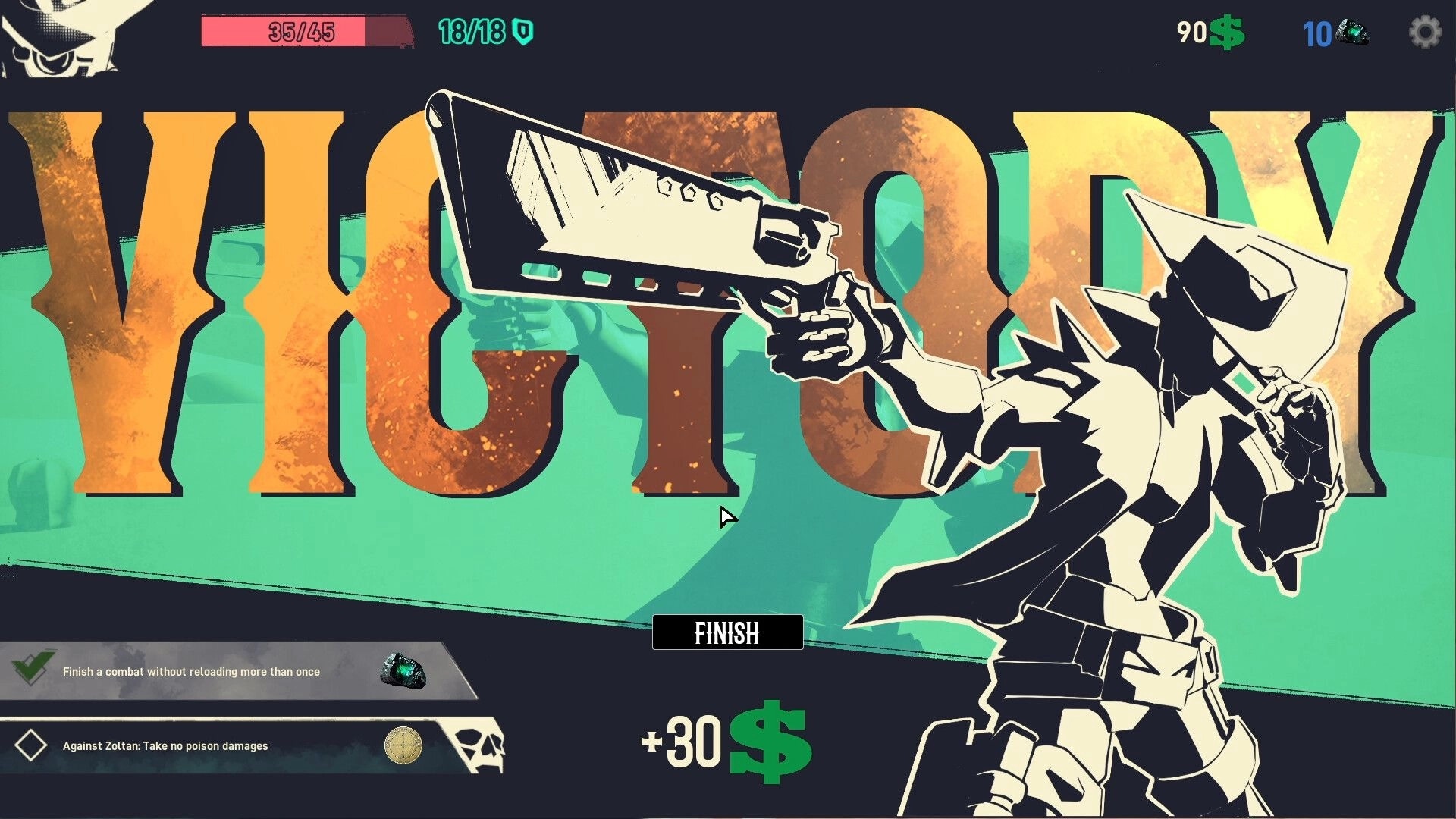 Barrel Roll: Victory screen with character holding revolver, health bar, and currency rewards shown