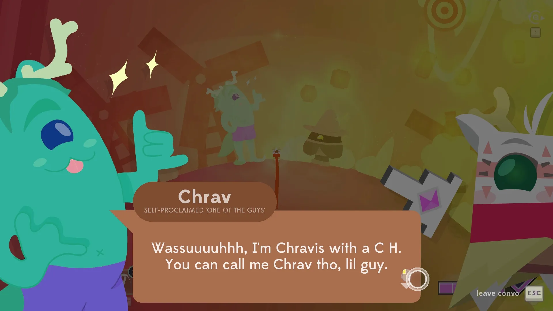 Baseless: Chrav character introduction dialogue in a colorful, abstract alien environment.