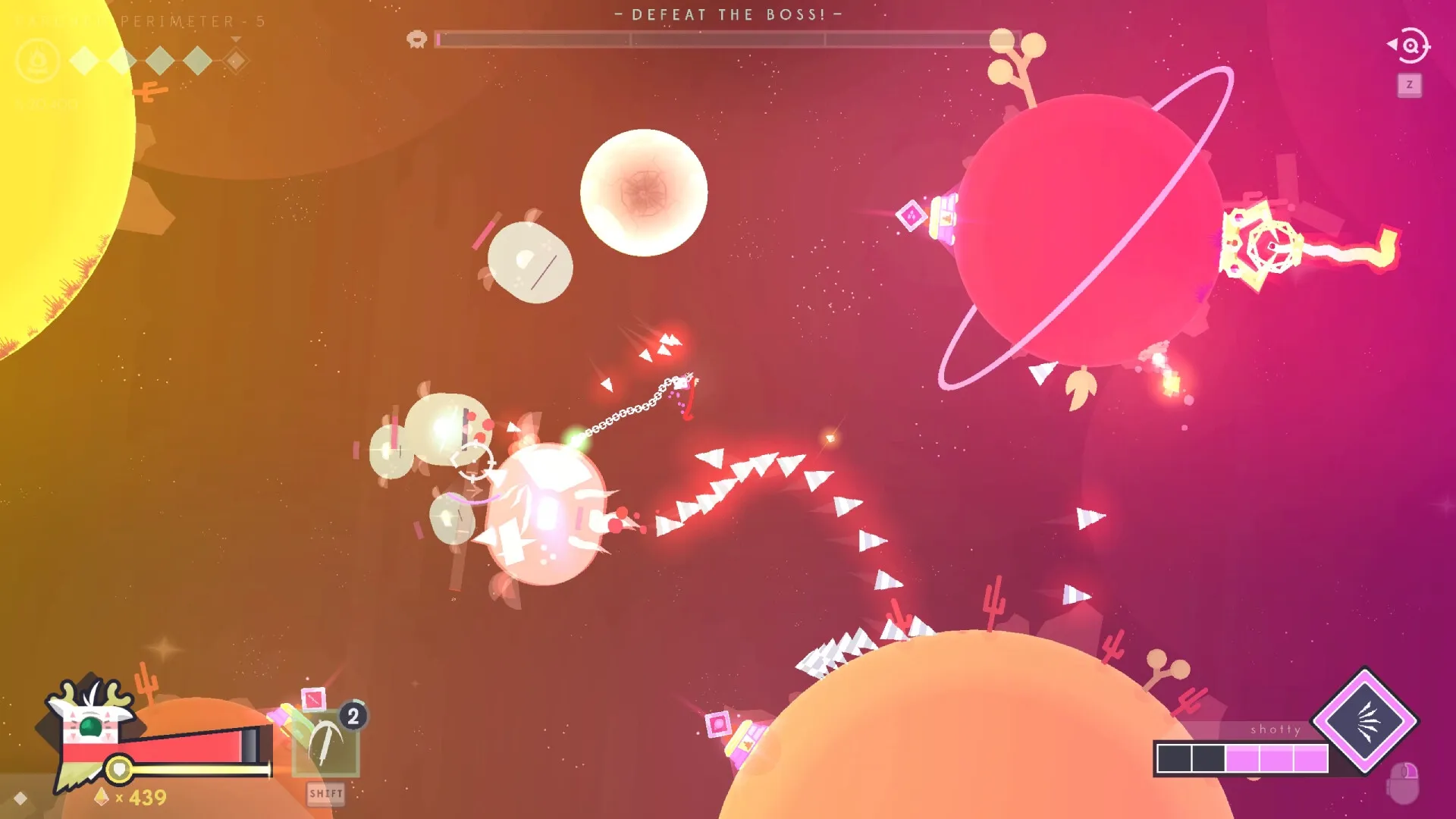 Baseless: Player battling enemies amidst colorful planets with HUD displaying health and ammo levels