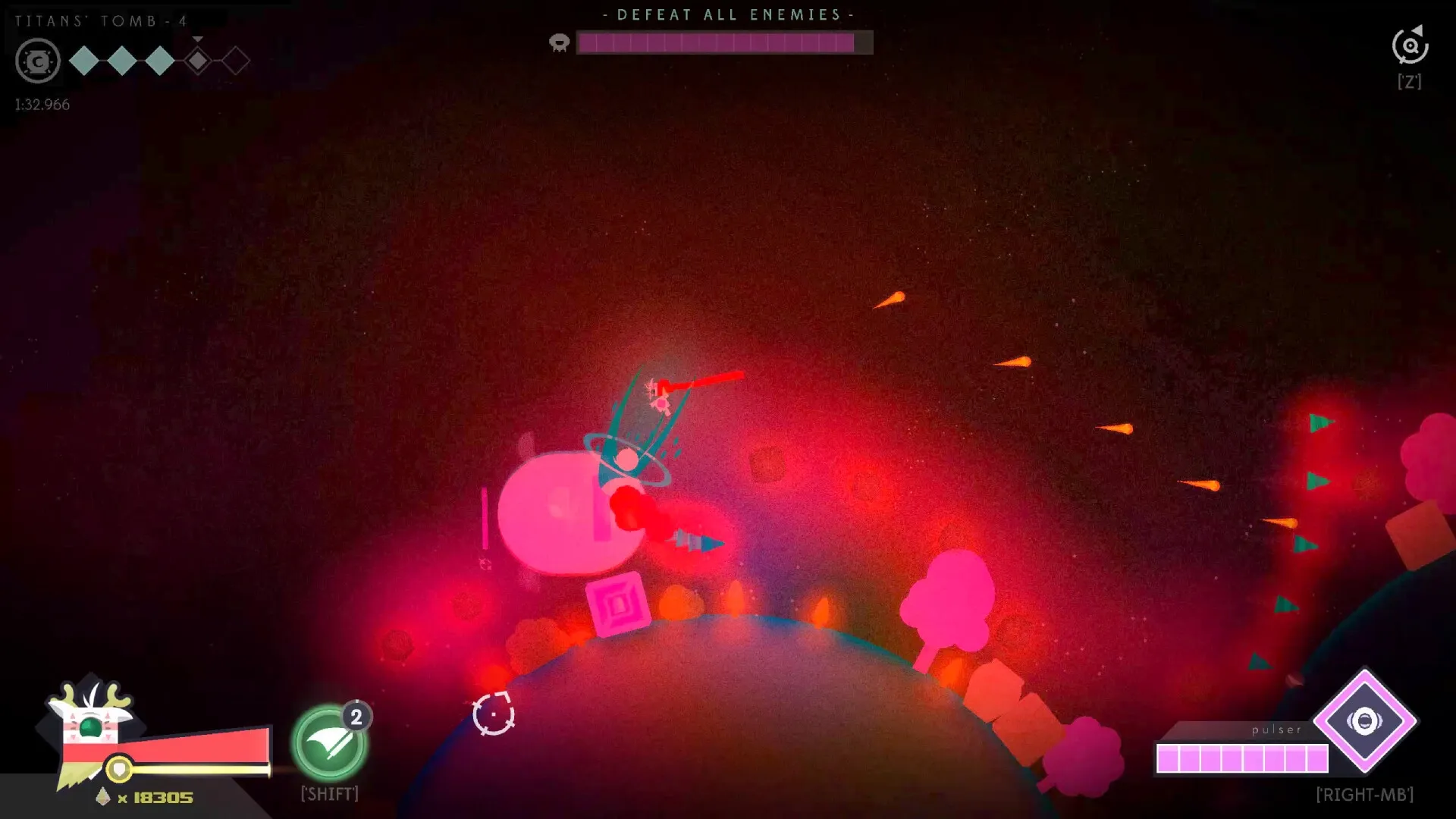 Baseless: Planetary combat with character shooting in neon space environment, HUD showing health and ammo