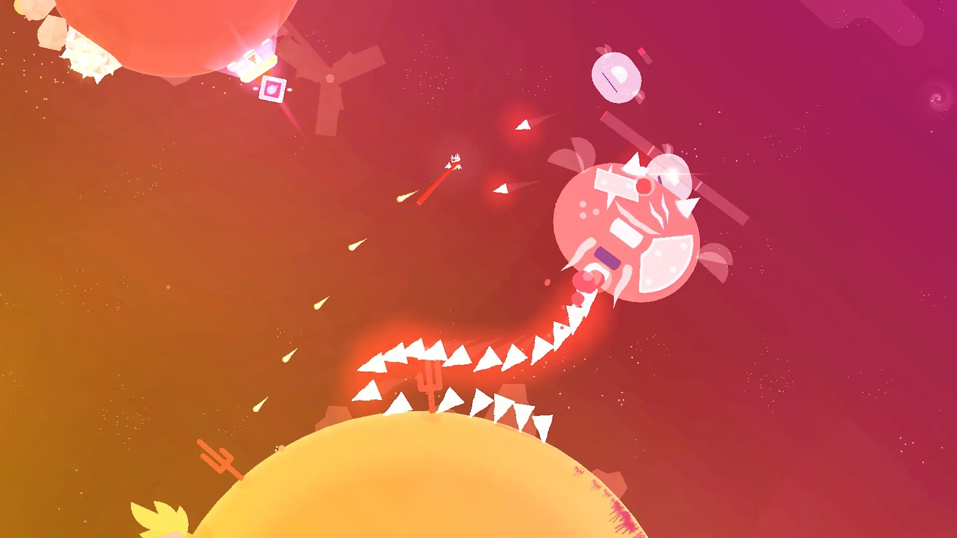 Baseless: Player character shooting towards robotic enemy in vibrant, colorful space environment