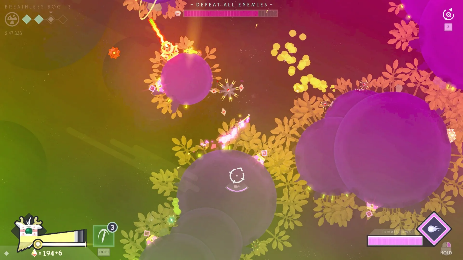 Baseless: Player uses flamethrower to defeat enemies on purple planets in vibrant, leafy environment.