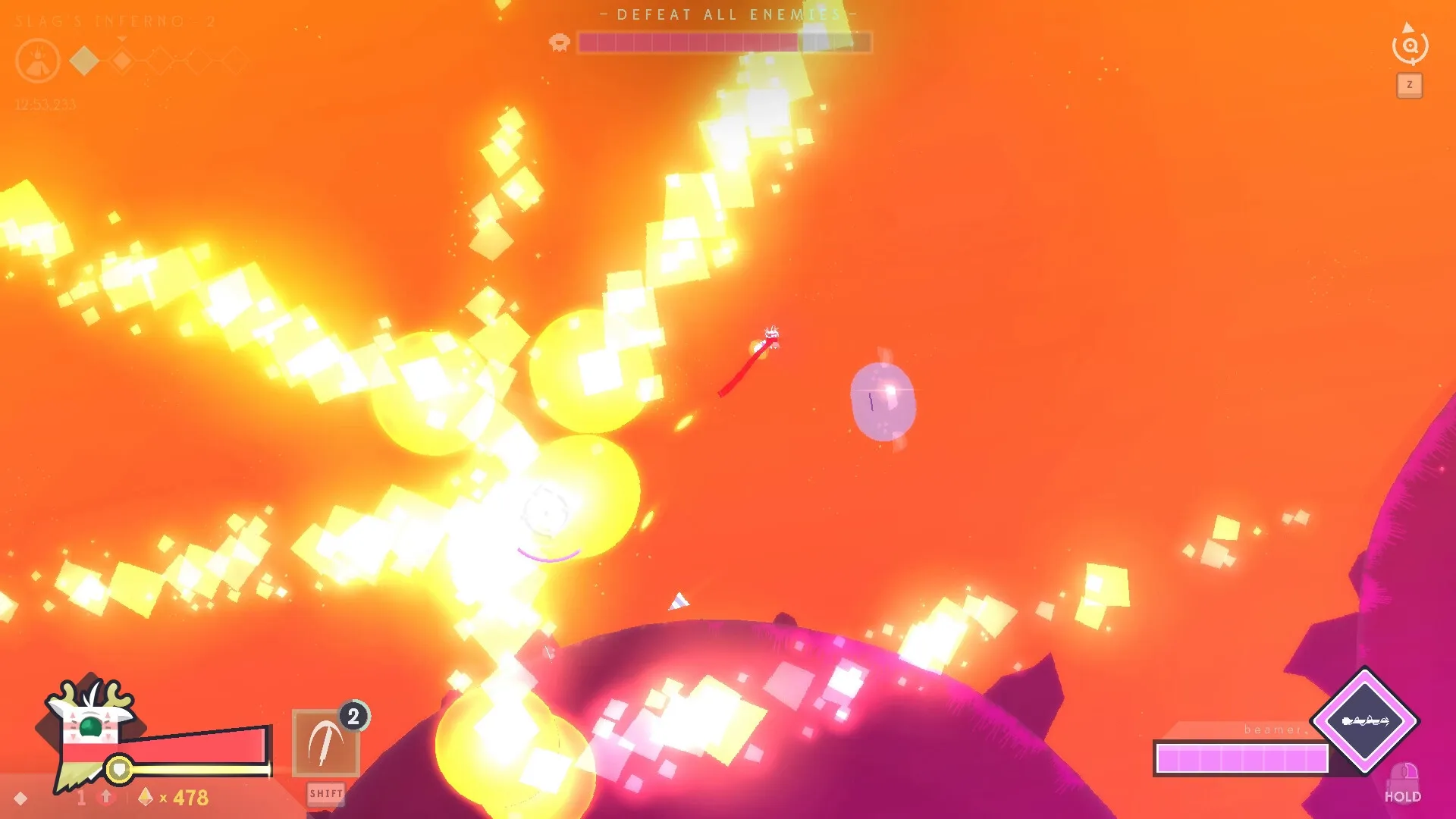 Baseless: Player character jumps between planets in bright, fiery environment with glowing projectiles