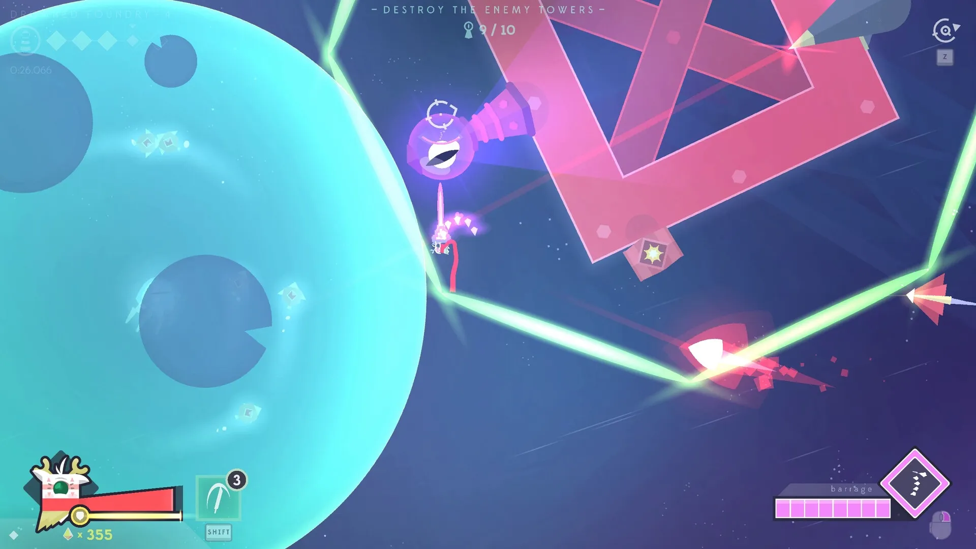 Baseless: Player character jumps between planets with UI elements and enemy towers in the background.