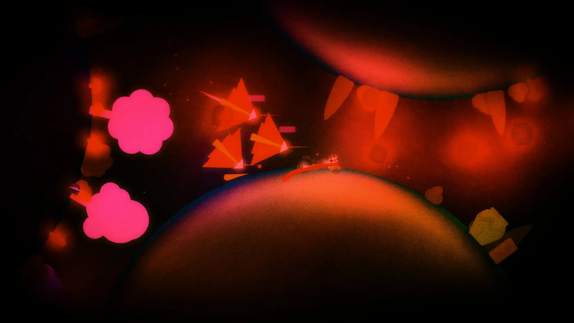 Baseless: Player fires weapon while jumping between planets in a dark space environment with red triangles