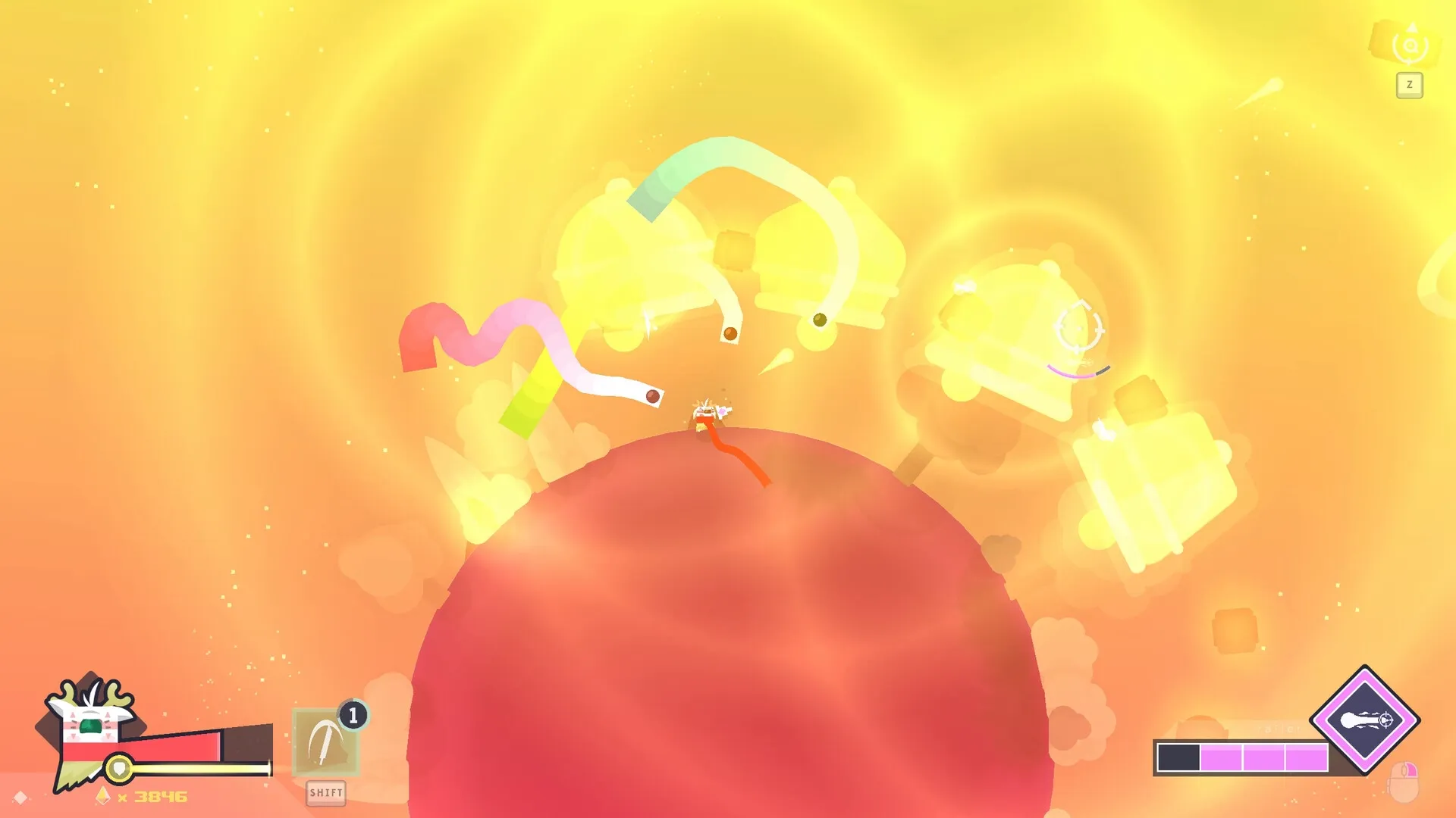 Baseless: Player character shooting while jumping between colorful planets in a vibrant yellow space setting.