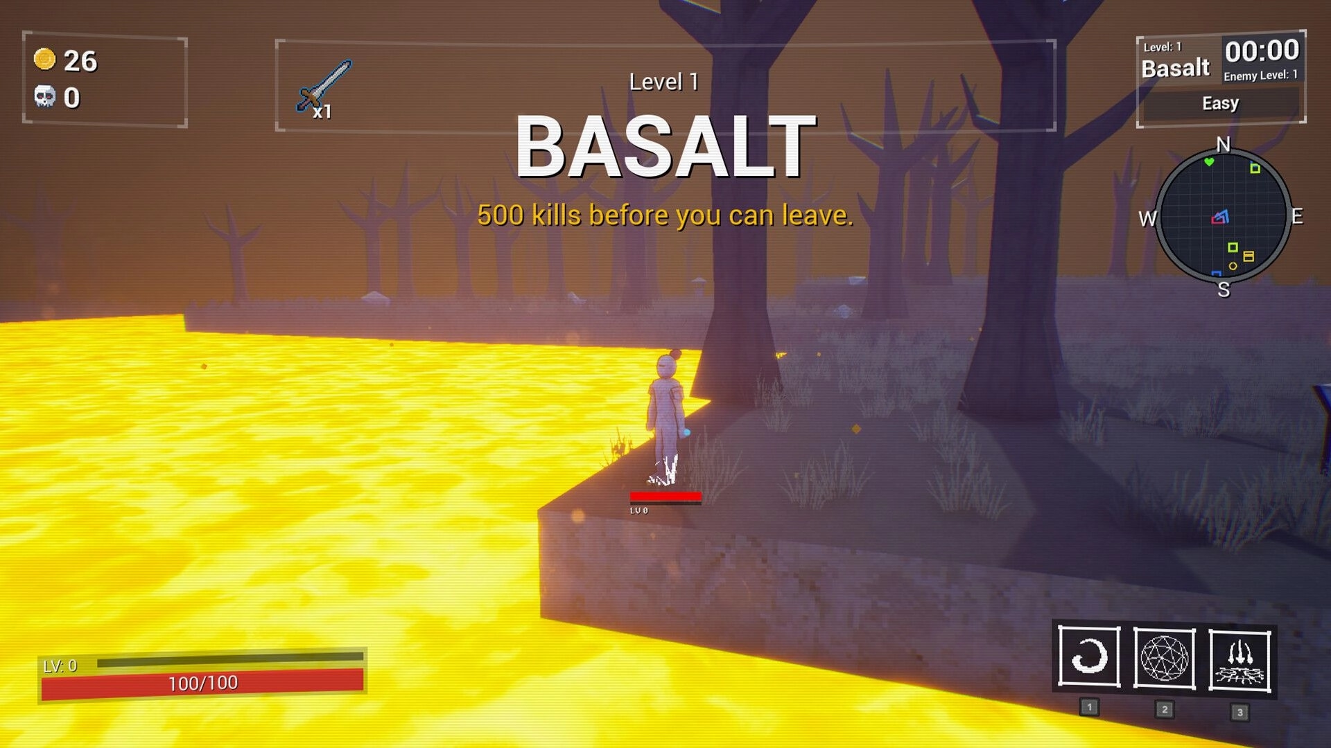 Bashers: Character stands by lava in forest, HUD shows coins, kills, health, and map with enemy level.