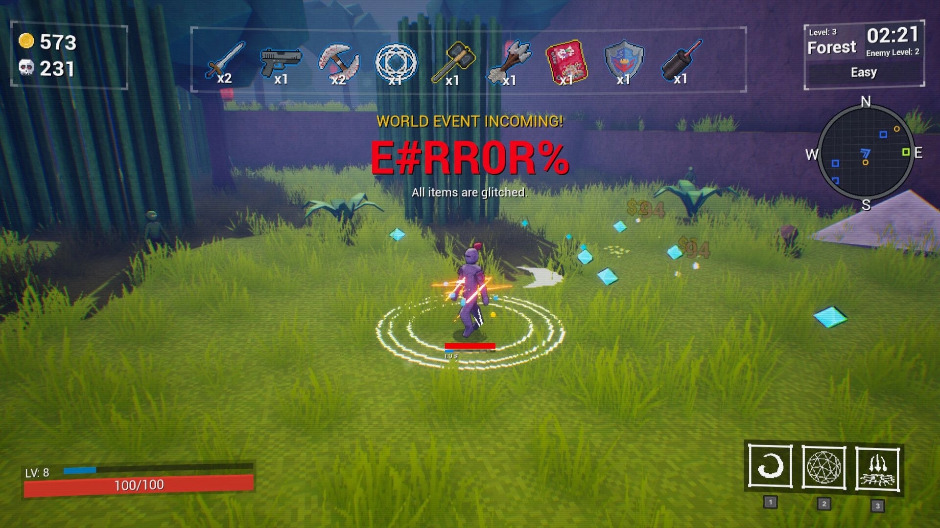 Bashers: Player in forest facing world event glitch, surrounded by items and glowing effects.
