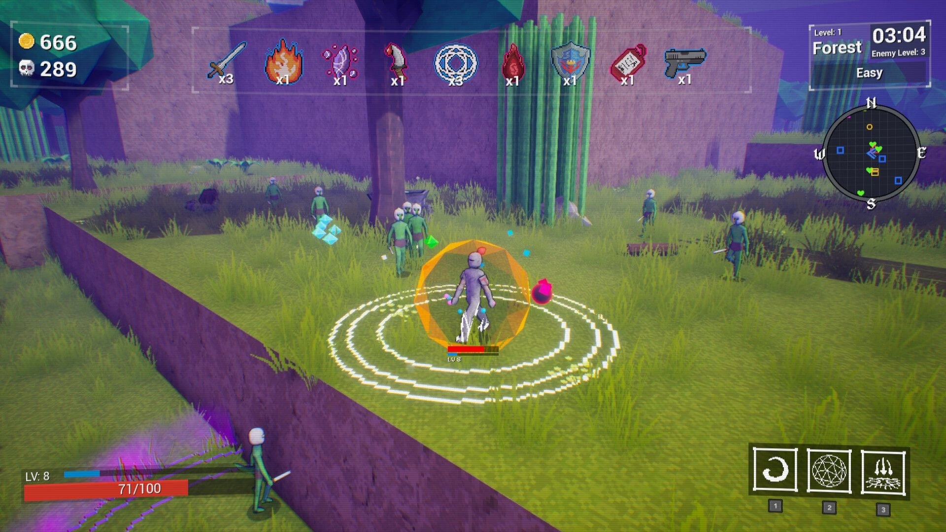 Bashers: Player casts defensive shield in grassy forest as enemy wave approaches, HUD displays items.