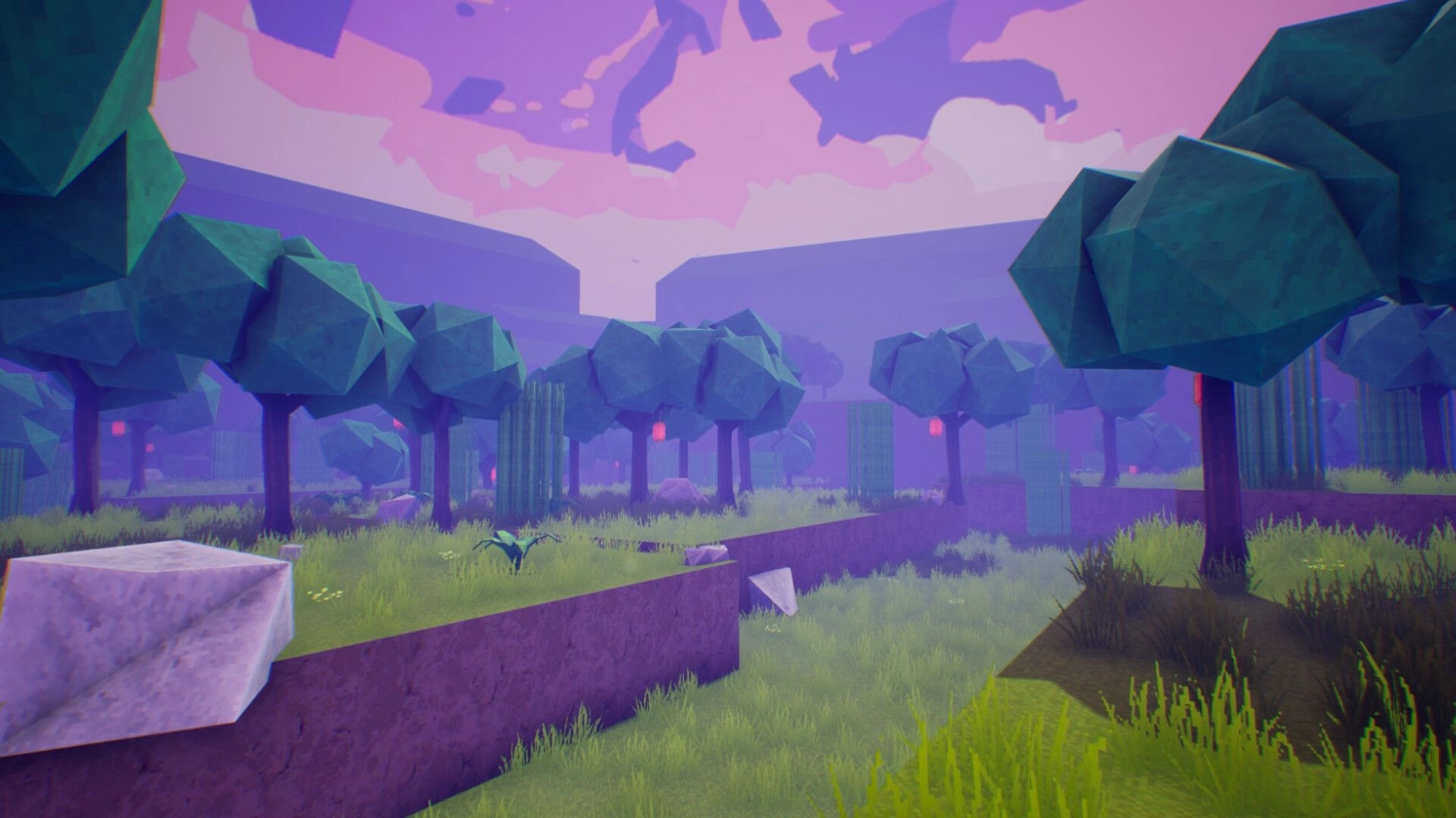 Bashers: Polygonal forest environment with scattered trees and glowing lanterns under a vivid pink sky