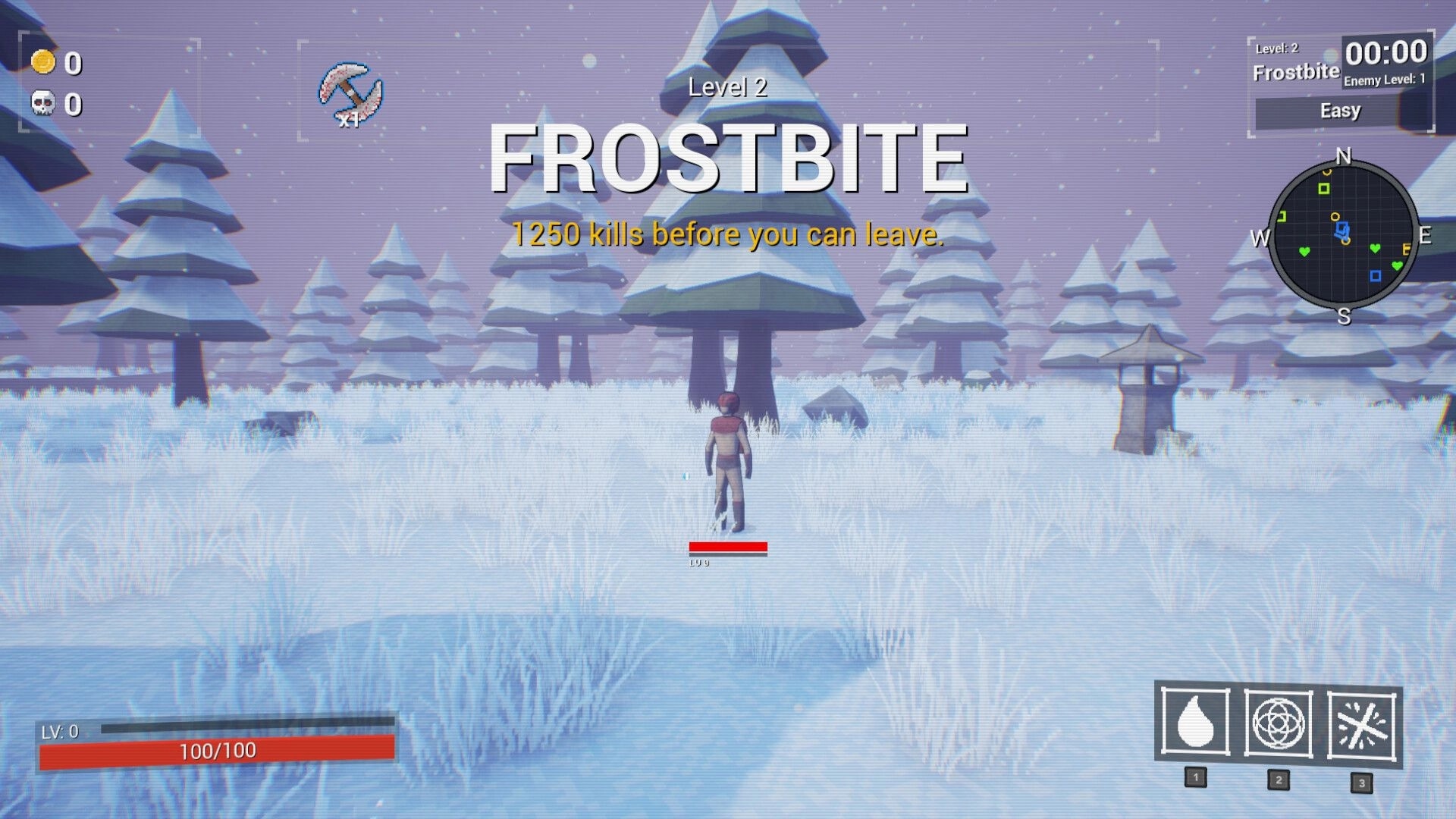 Bashers: Character exploring snowy forest in Frostbite level 2, with HUD showing health and map.