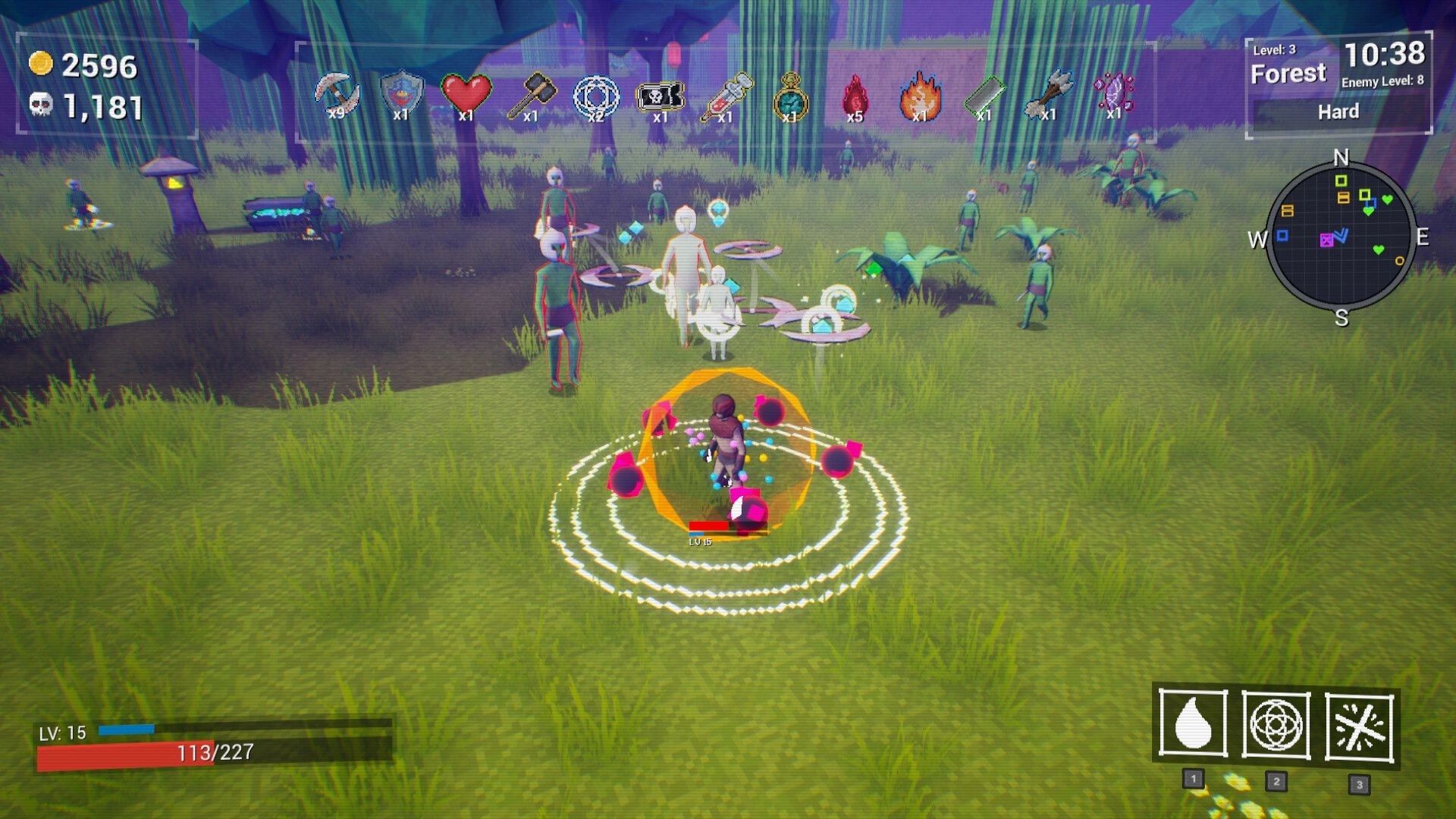 Bashers: Player surrounded by enemies in forest, HUD shows health, items, map, and game level details.