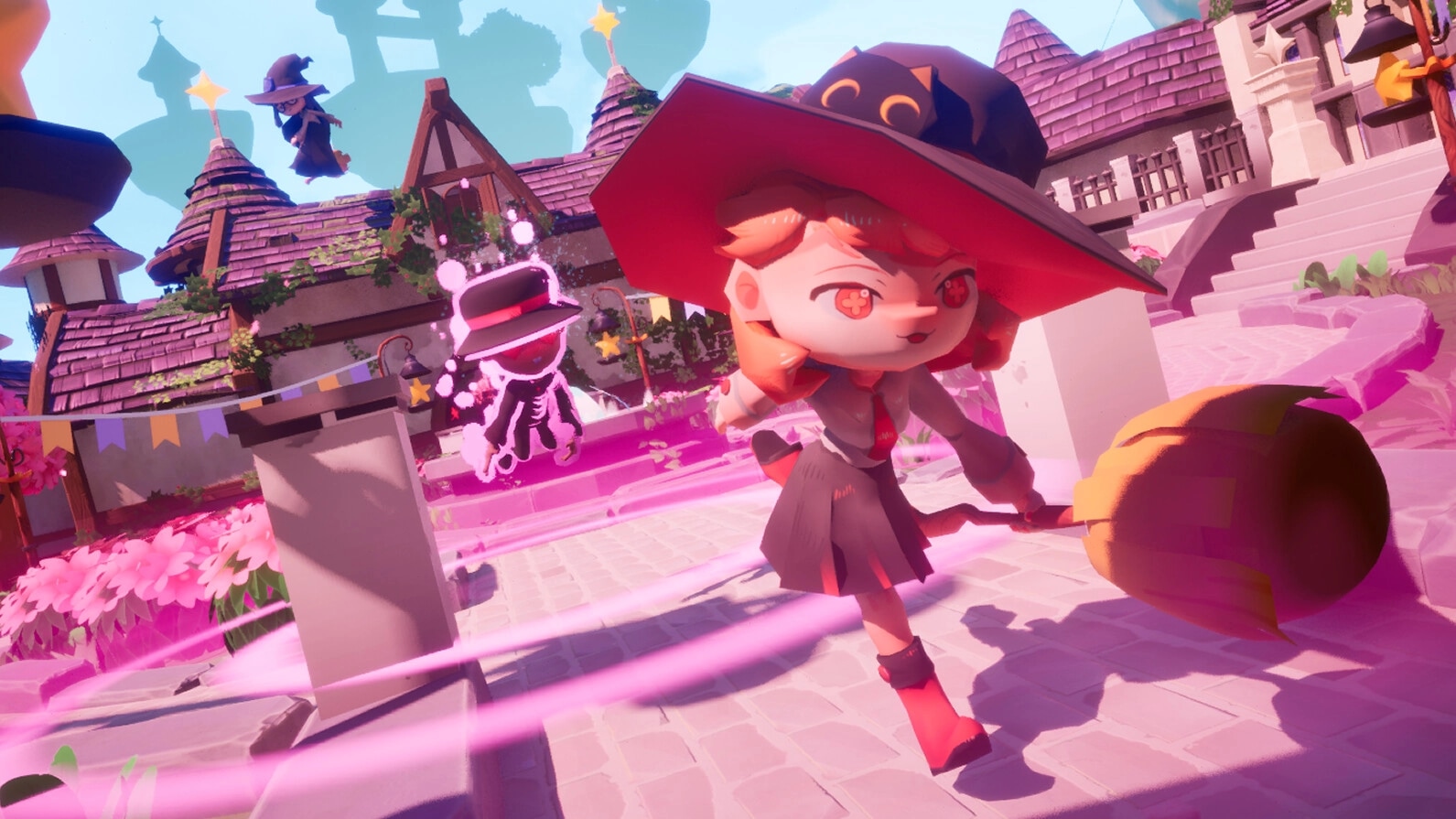 Bashful Adoration: Witch character dashes with broom in vibrant village setting, pursued by rival.