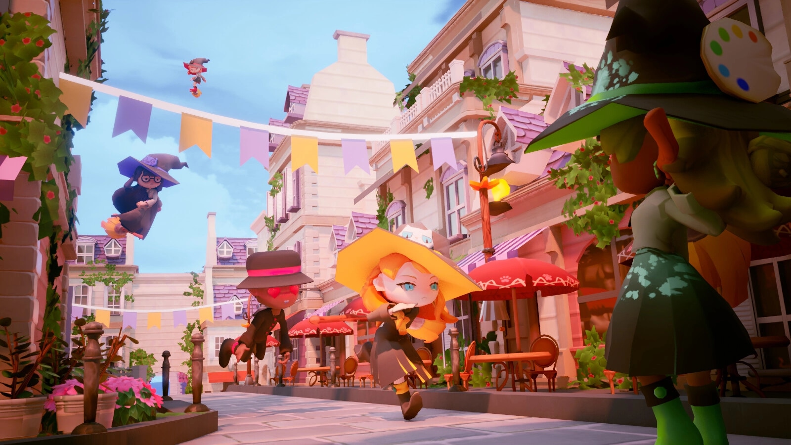 Bashful Adoration: Witches in a colorful town square, with characters flying and engaging in magic duels.