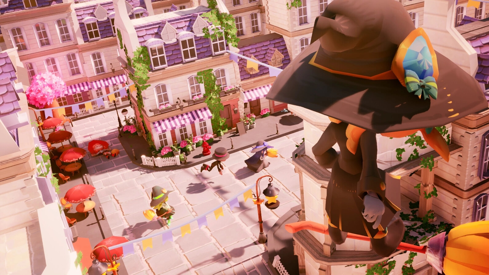 Bashful Adoration: Characters on brooms dash through a charming, colorful village street scene.