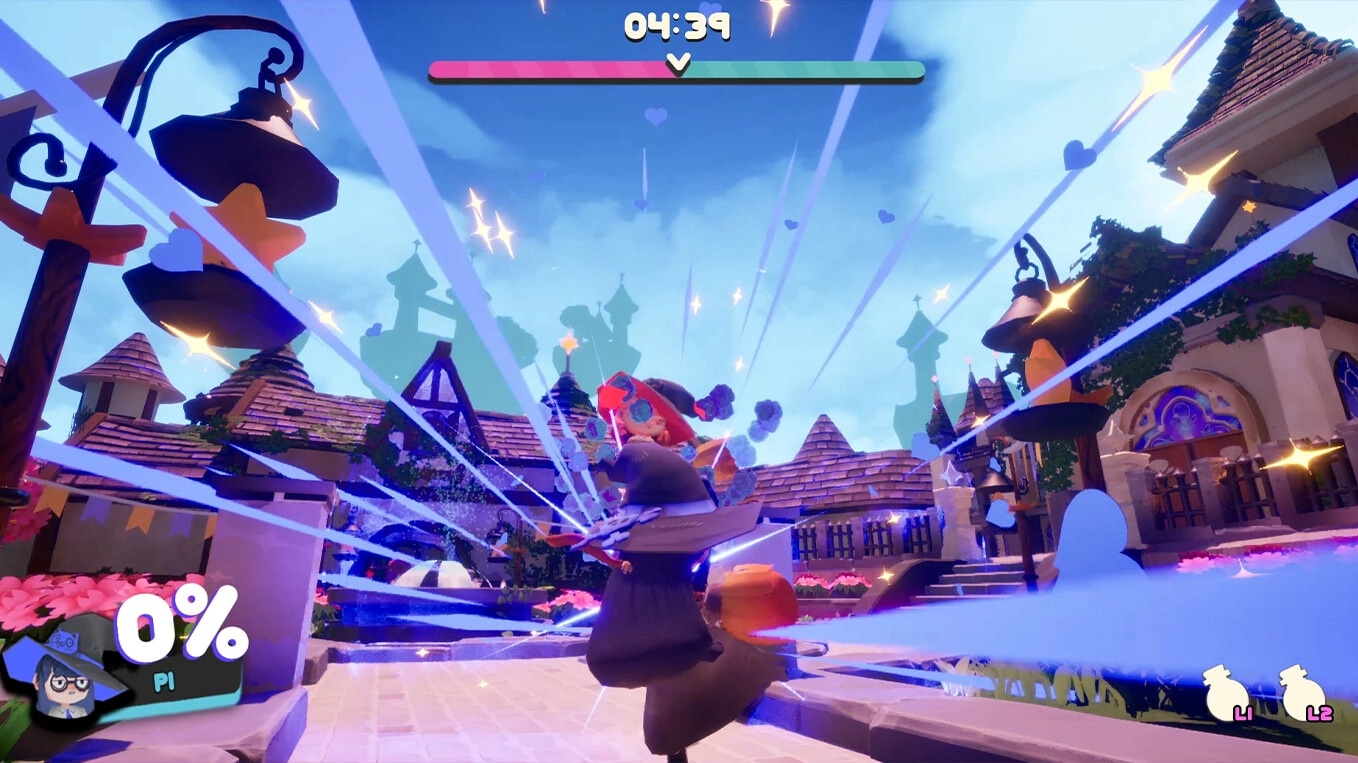 Bashful Adoration: Witch character casting spells in vibrant village with time and health bar displayed