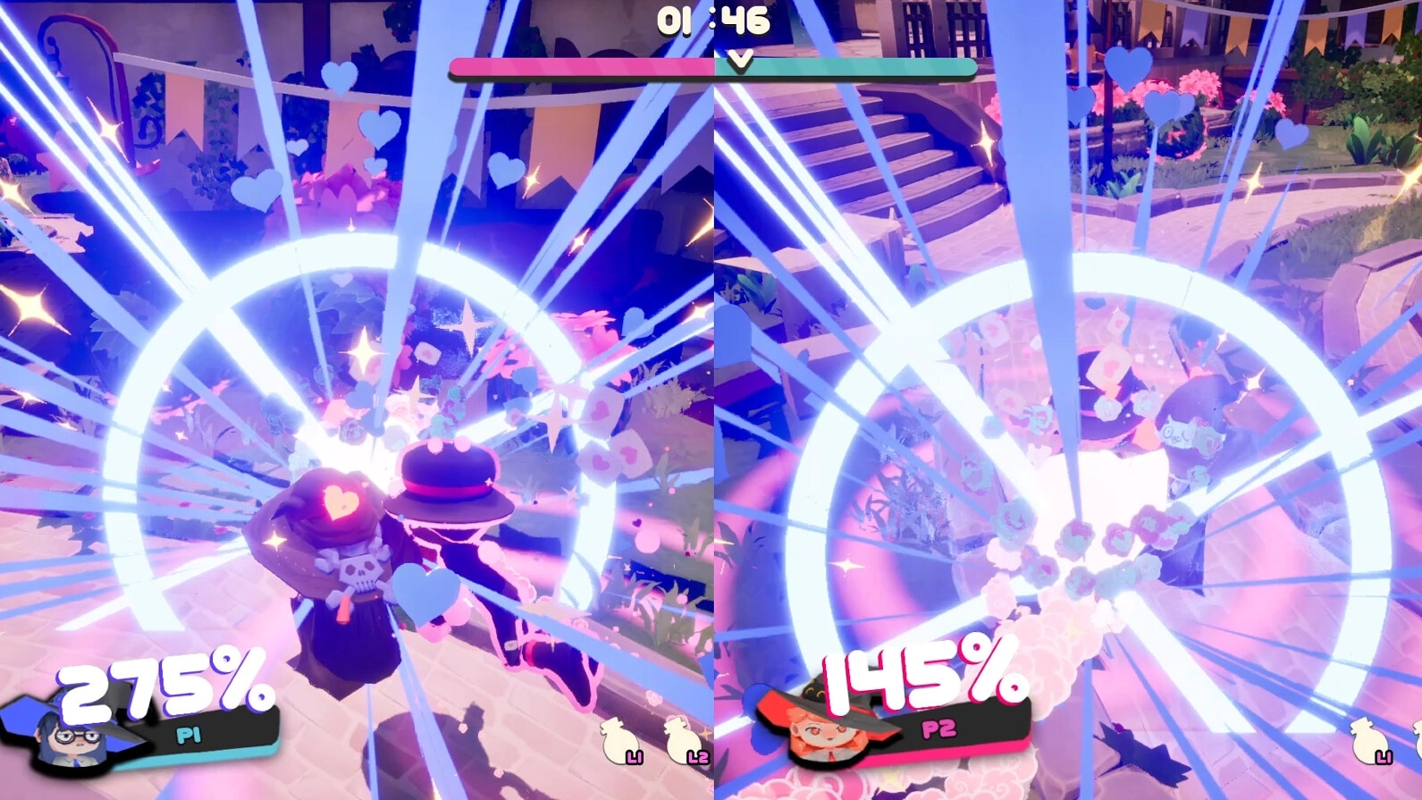 Bashful Adoration: Two players battle with magic effects in a vibrant, heart-filled garden setting.
