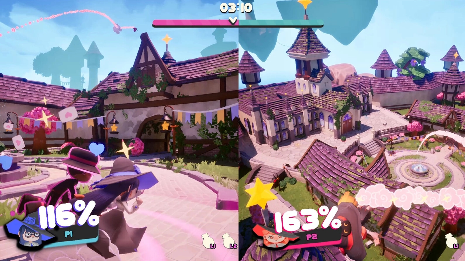 Bashful Adoration: Two-player duel in whimsical village with percentage scores and colorful effects visible.