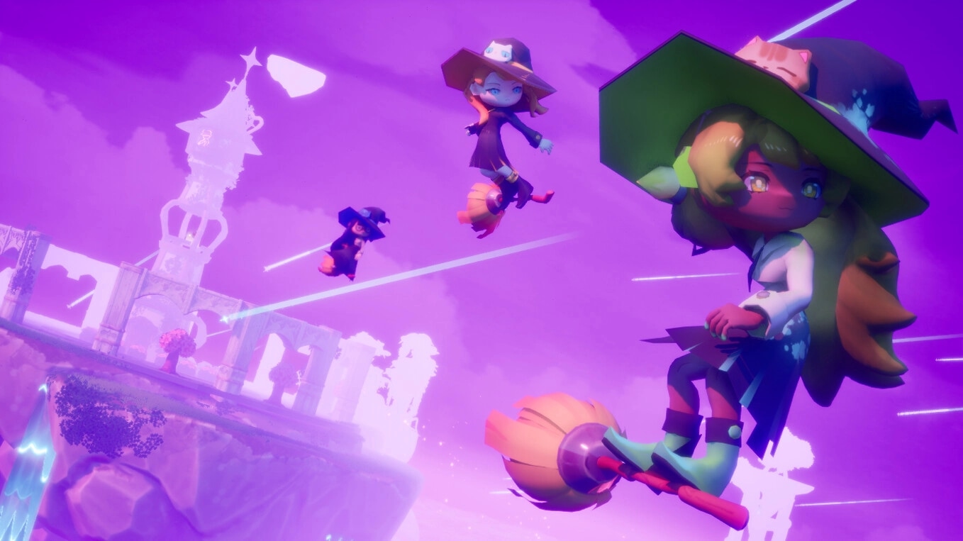 Bashful Adoration: Three witches soar on brooms in a vibrant, mystical sky near a floating castle.