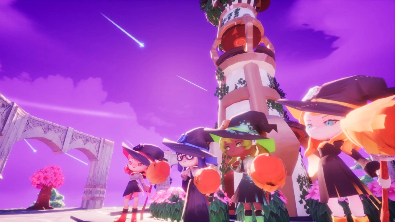 Bashful Adoration: Witches gather at a tower in vibrant magical landscape, holding pumpkin-shaped items.