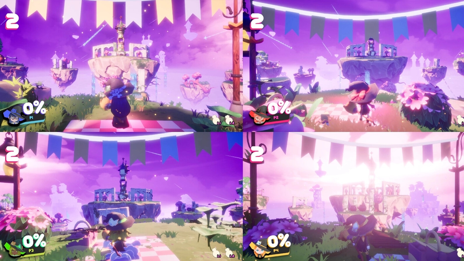 Bashful Adoration: Four-player split-screen combat with characters on floating islands, 0% damage shown.