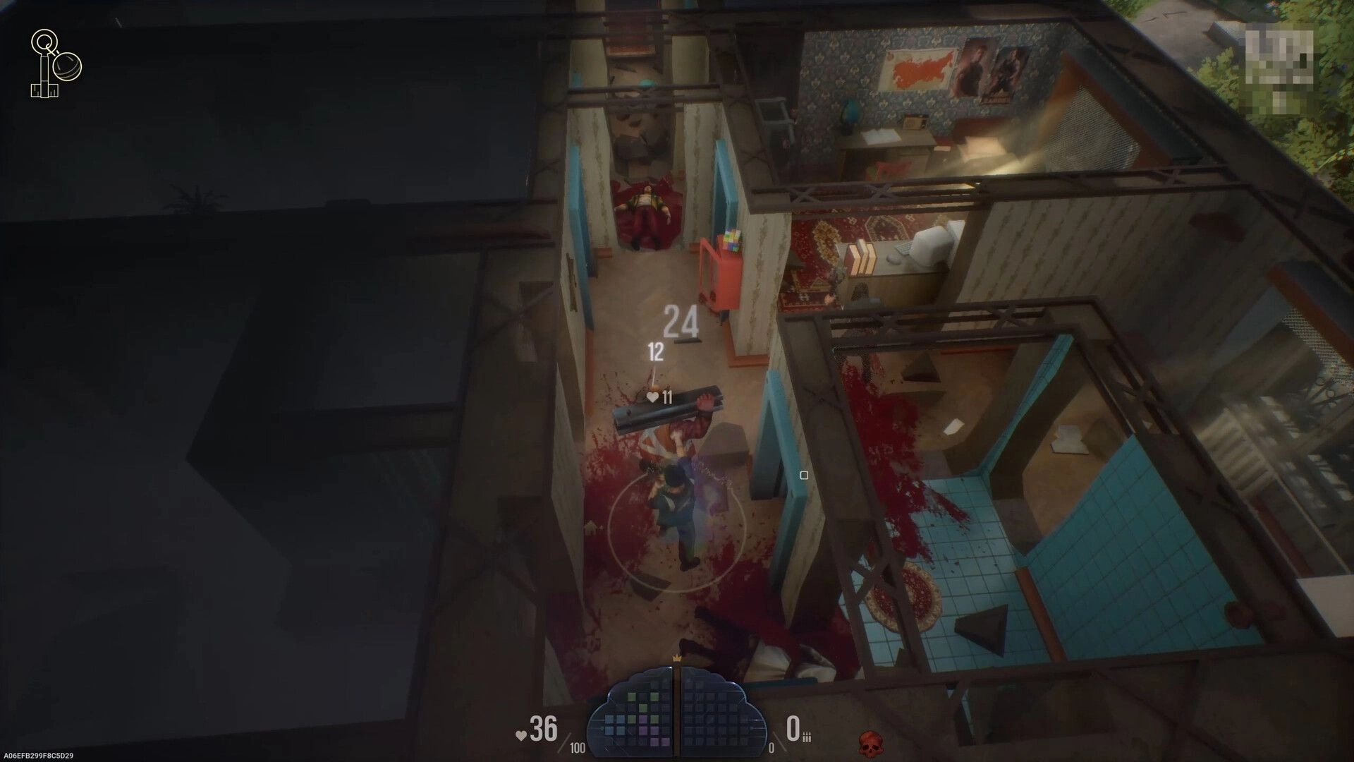 Bashnya: Character in hallway combat with blood and damage indicators in a soviet-style apartment setting.