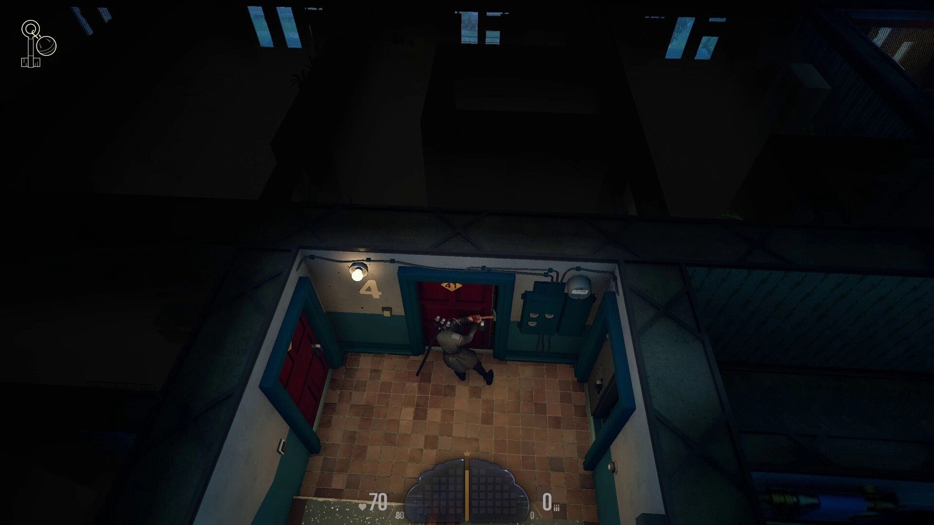 Bashnya: Character attempts to break into a red door in a dimly lit hallway with a numbered panel.