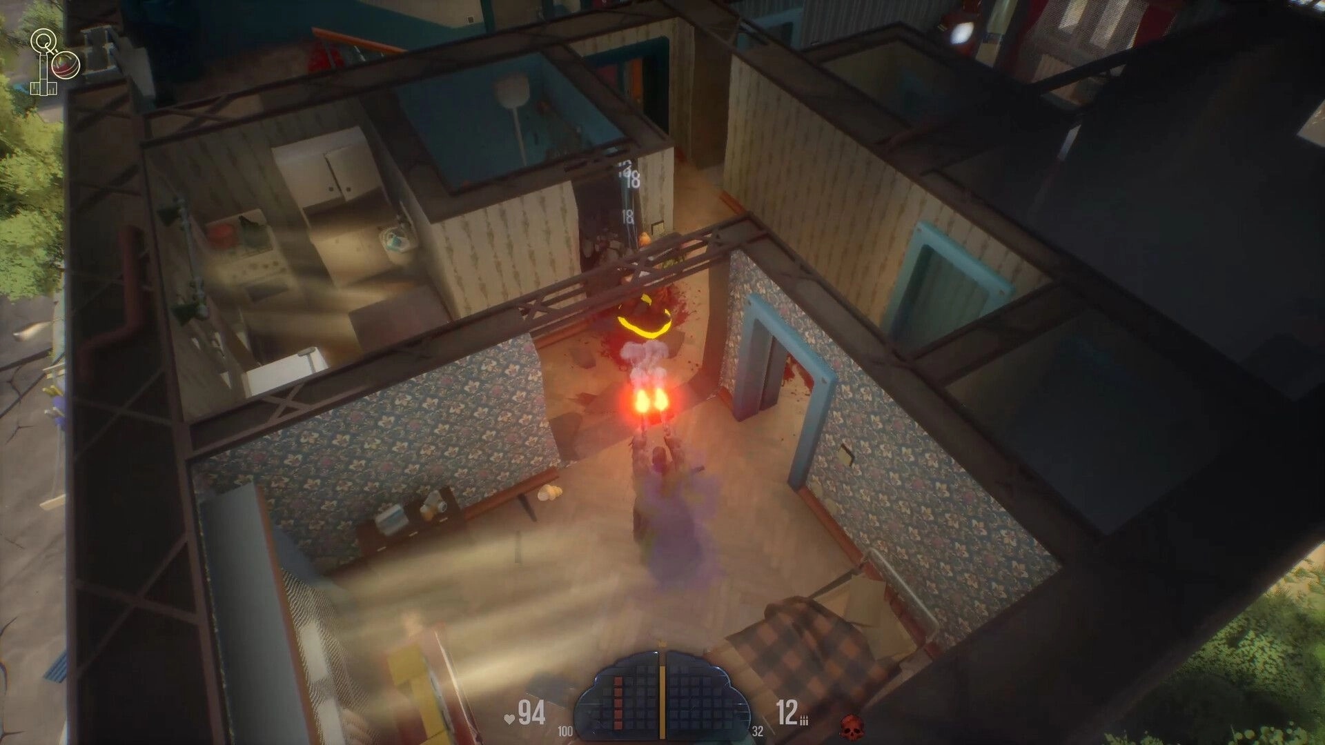 Bashnya: Player firing weapon at enemy in dimly lit apartment hallway with floral wallpaper and debris