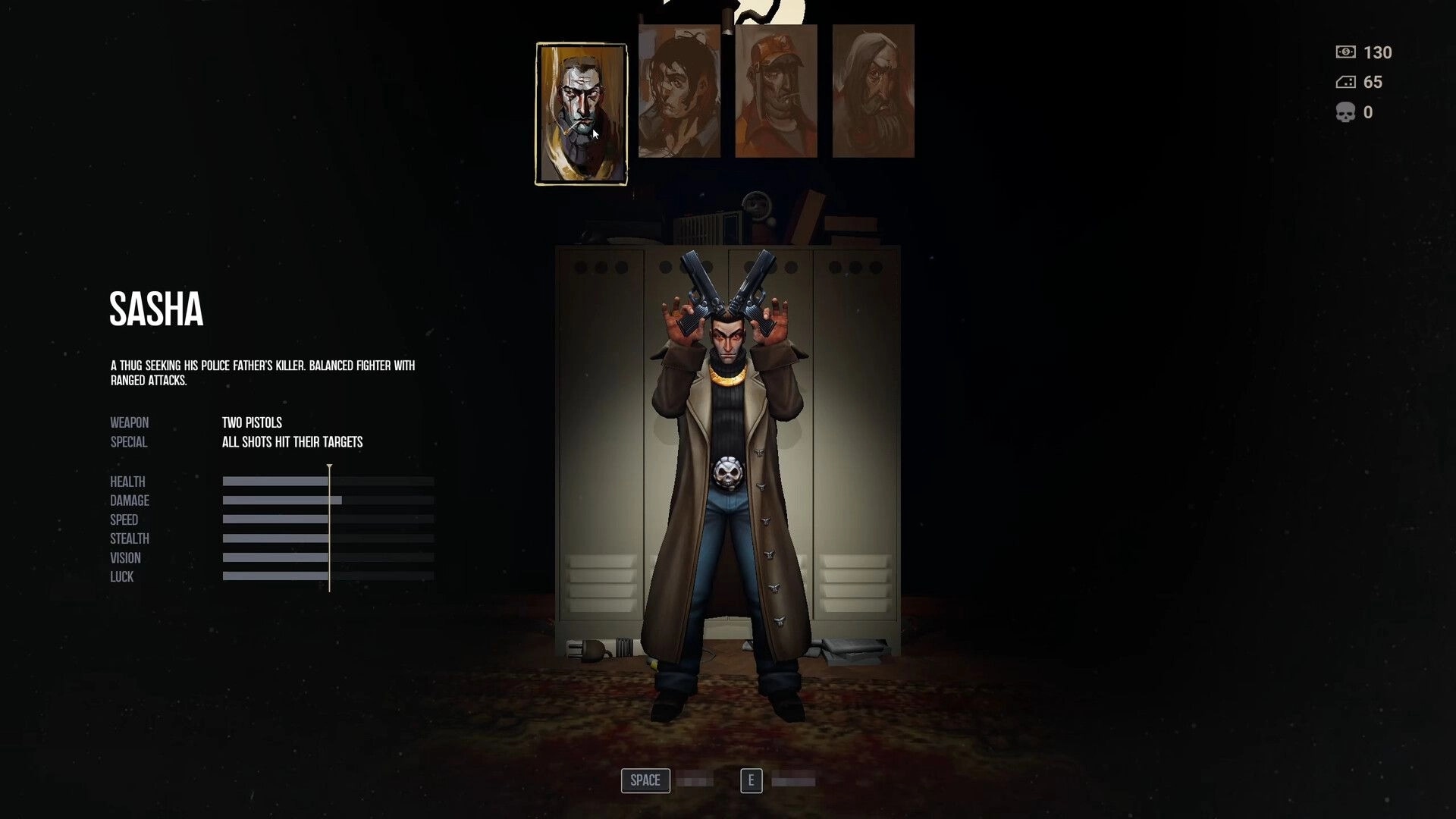Bashnya: Sasha character selection screen with stats and dual pistols in a dimly lit room