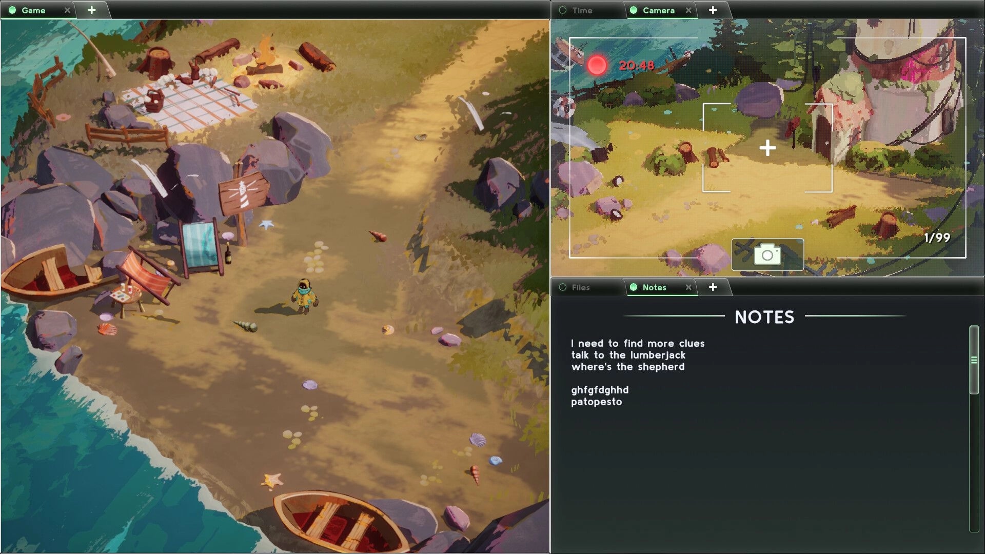 Basilisk's Isles: Beachfront exploration with character, camera view, and notes interface visible