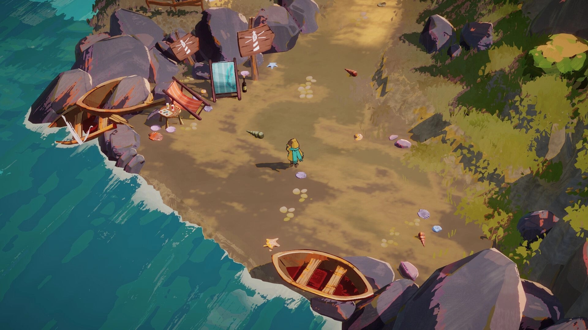 Basilisk's Isles: Lone character explores a rocky beach with scattered shells and overturned boats.