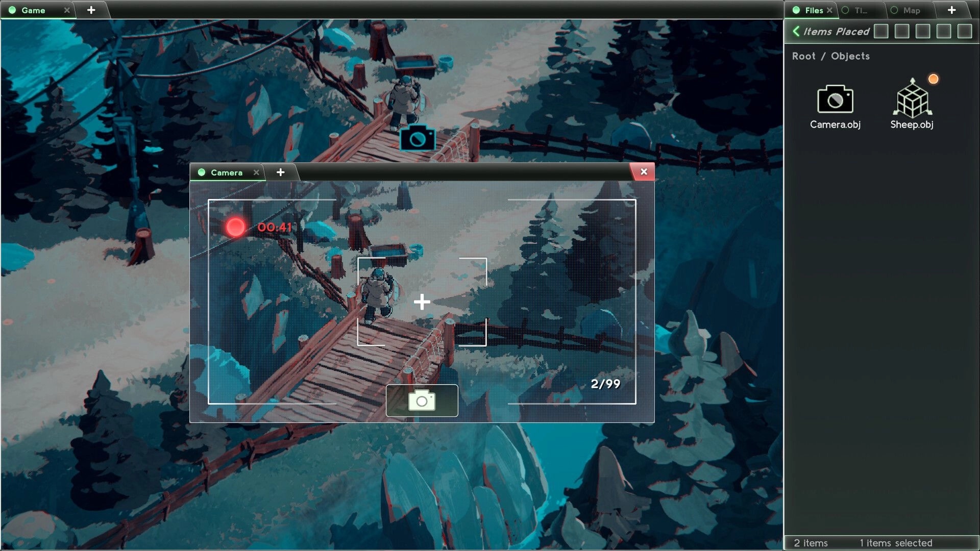 Basilisk's Isles: Player uses camera tool on wooden bridge in forested island setting with UI elements.