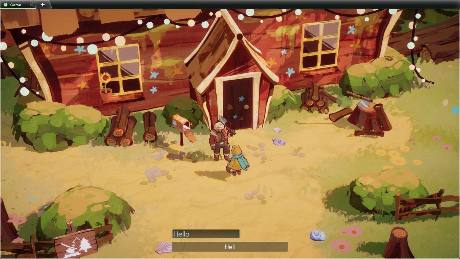 Basilisk's Isles: Two characters converse outside a cozy wooden house adorned with string lights