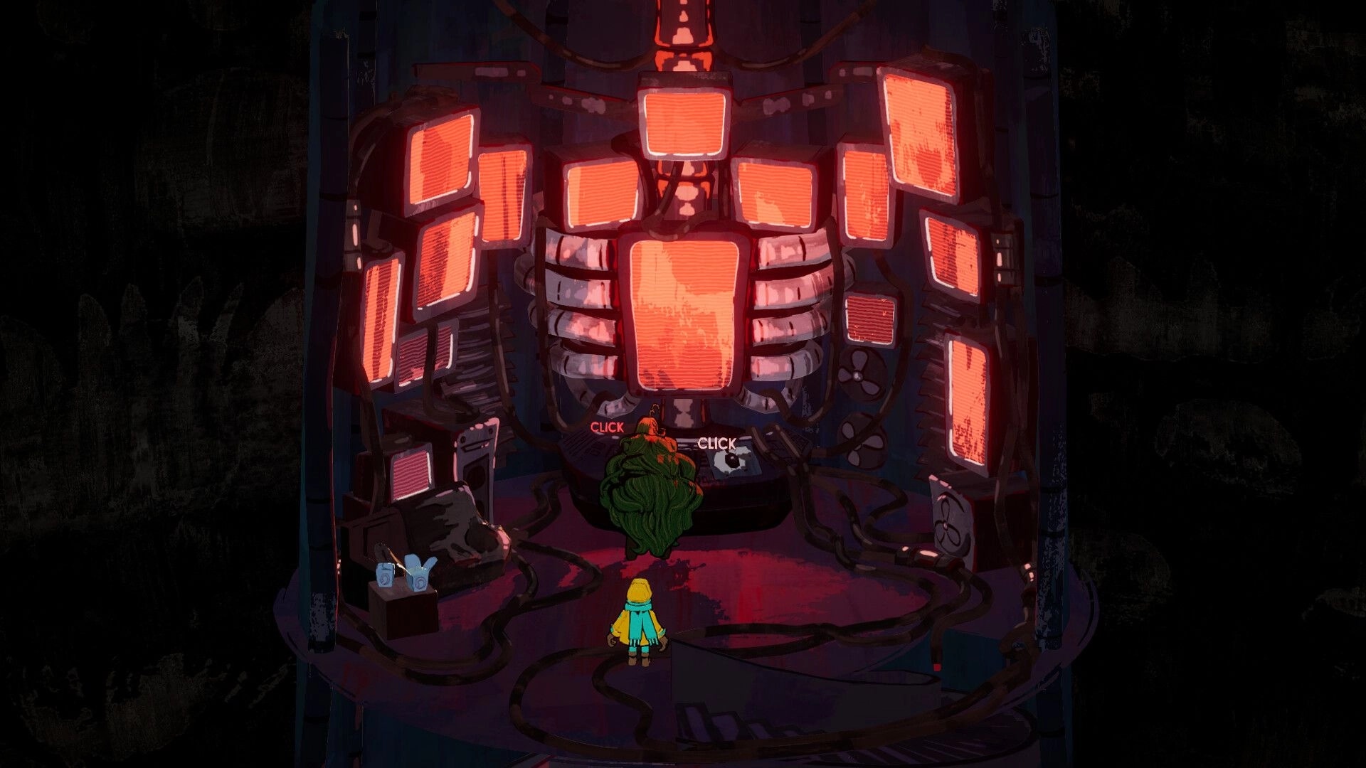 Basilisk's Isles: Character interacts with glowing control panel in dimly lit, tech-filled chamber.