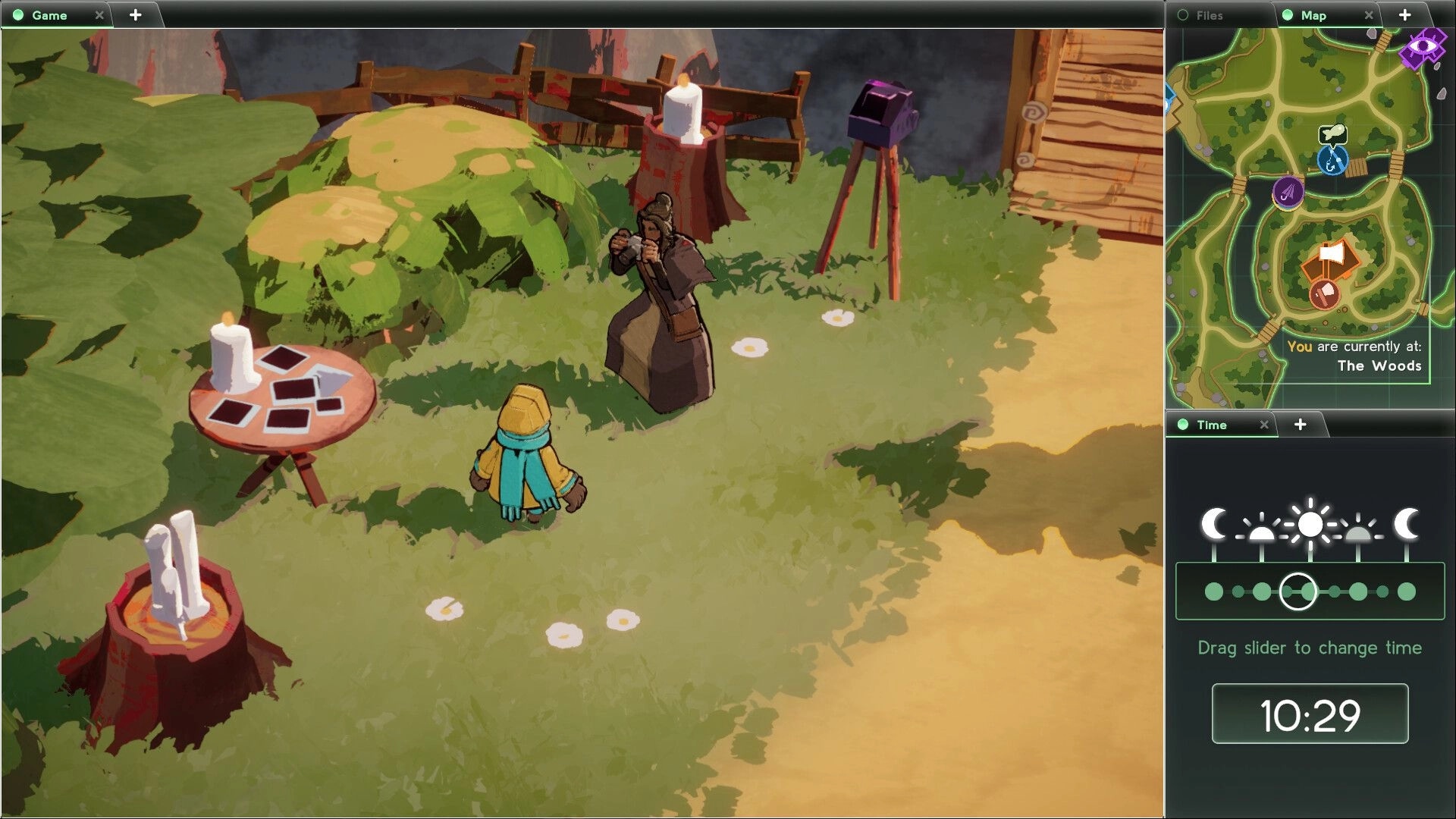 Basilisk's Isles: Character in blue coat interacting with robed figure in a grassy garden setting