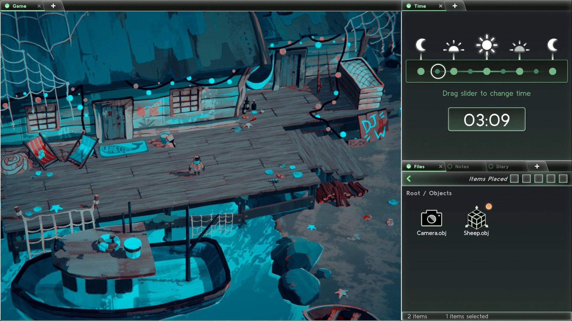 Basilisk's Isles: Character on dock beside boat, surrounded by UI elements like time slider and files.