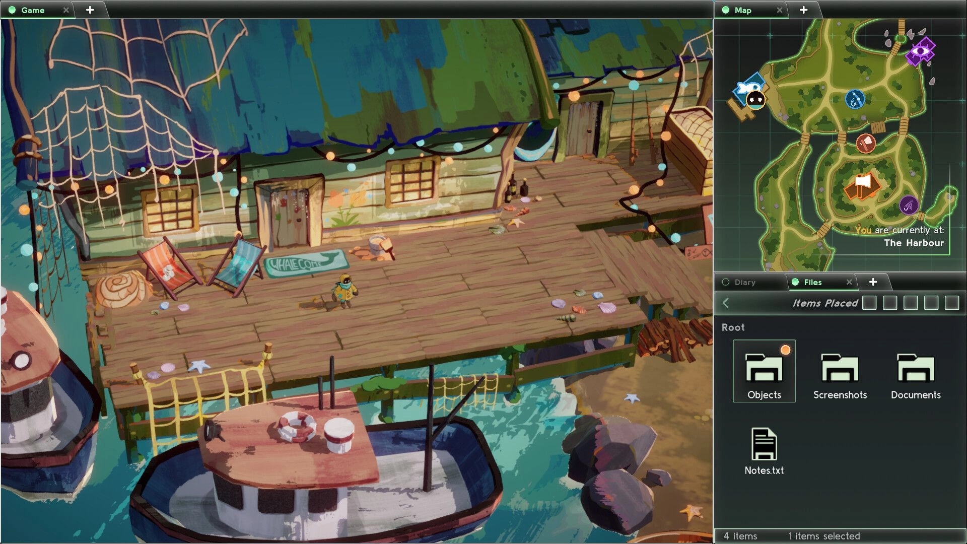 Basilisk's Isles: Character on wooden dock near boats, with map and file menu displayed on interface.