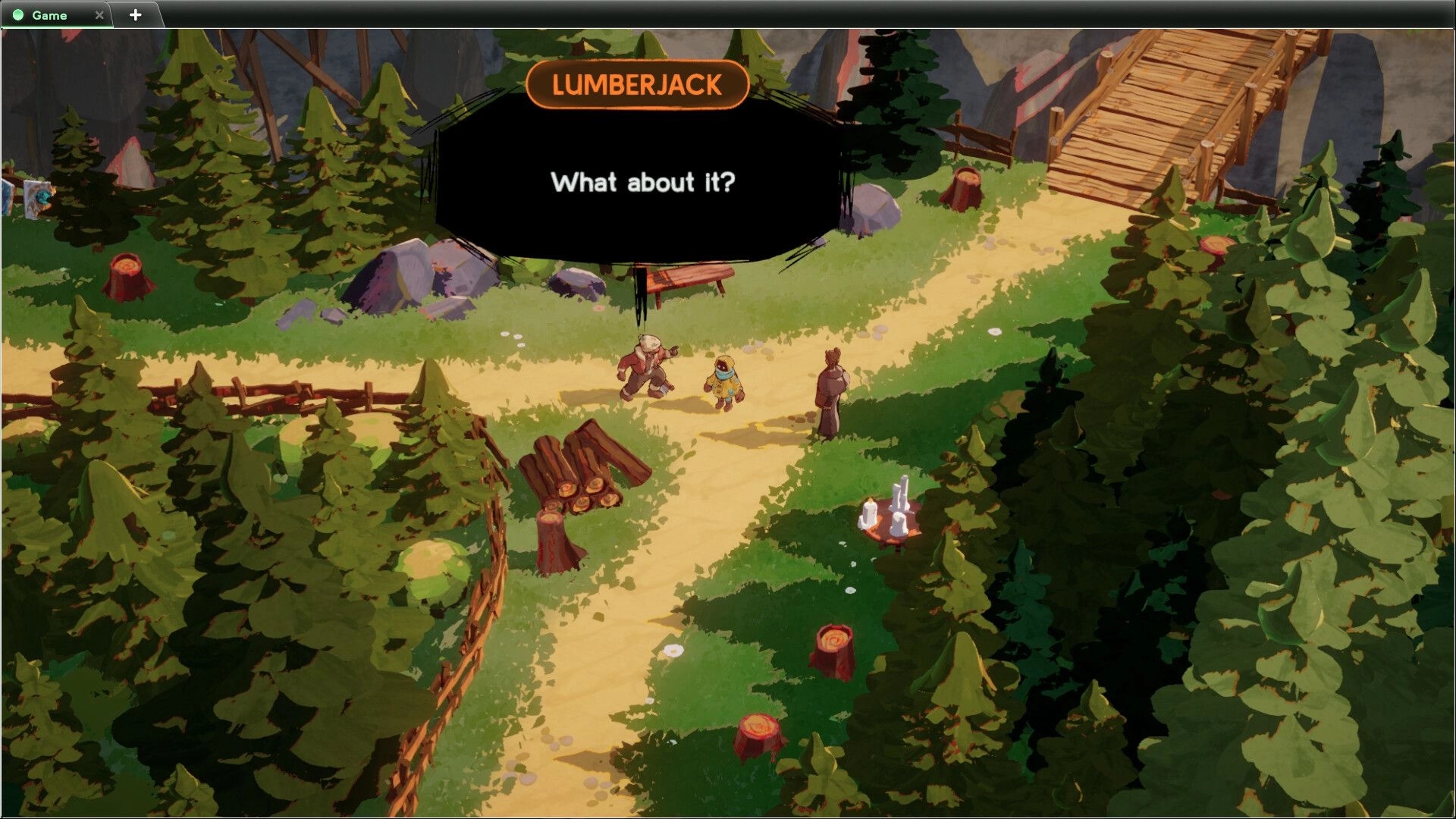 Basilisk's Isles: Lumberjack converses with characters in a forest path setting near a wooden bridge.