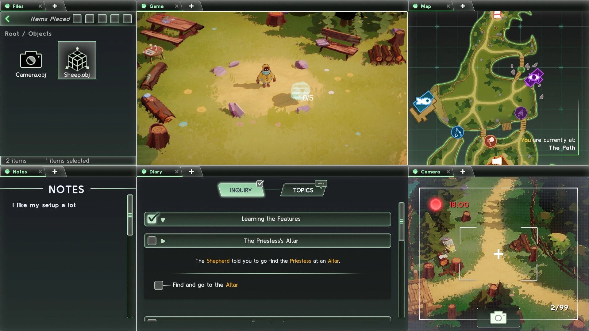 Basilisk's Isles: Character in clearing with map, notes, and diary interface in lush forest environment