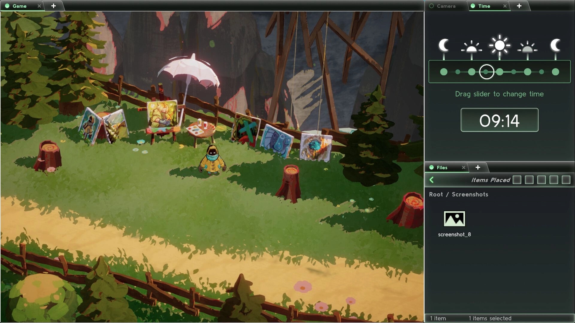 Basilisk's Isles: Character in raincoat near art station on grassy cliff with time control UI visible