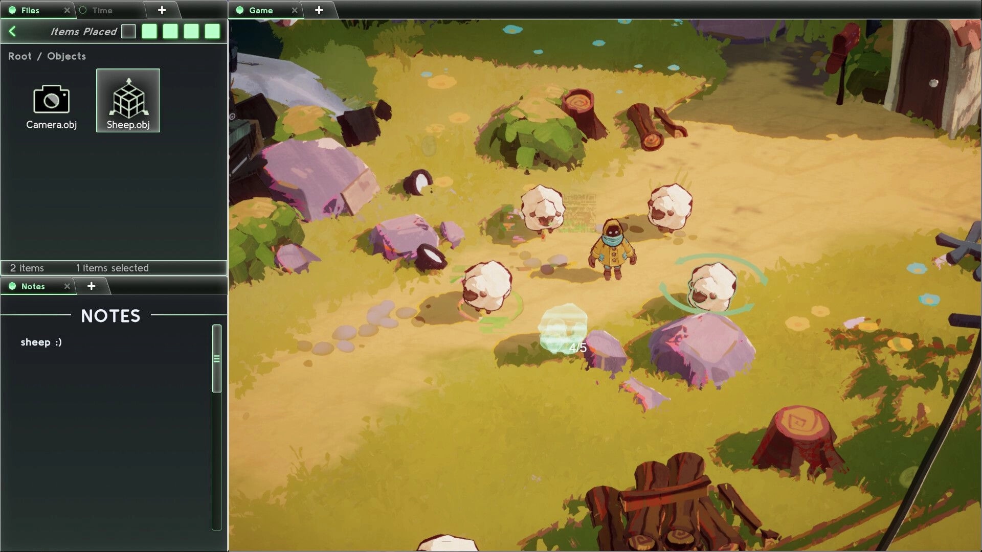 Basilisk's Isles: Character herding sheep in a colorful field with UI displaying objects and notes