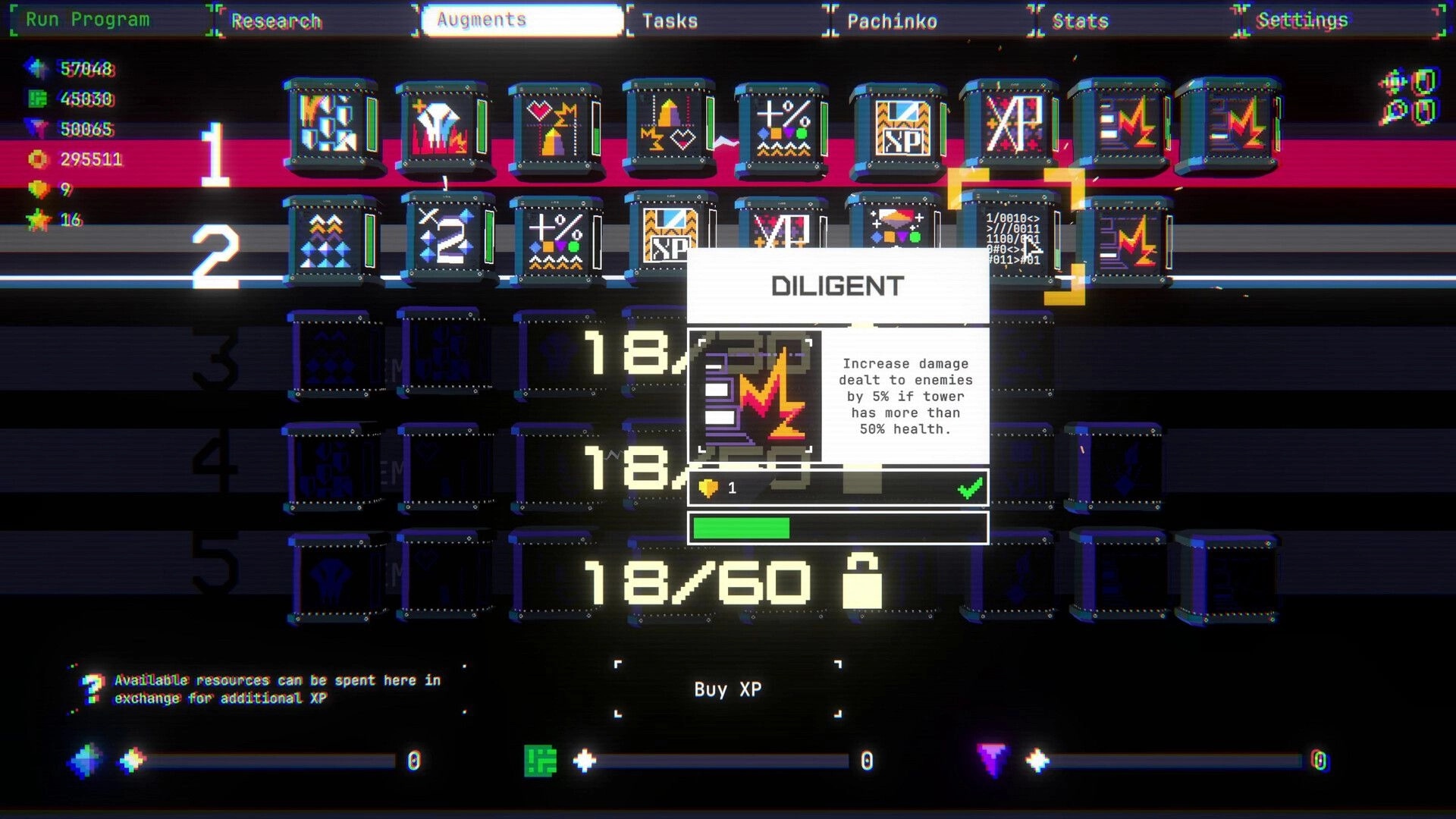 BastionOS: Augments grid with Diligent perk tooltip and buy XP bar on neon terminal screen.