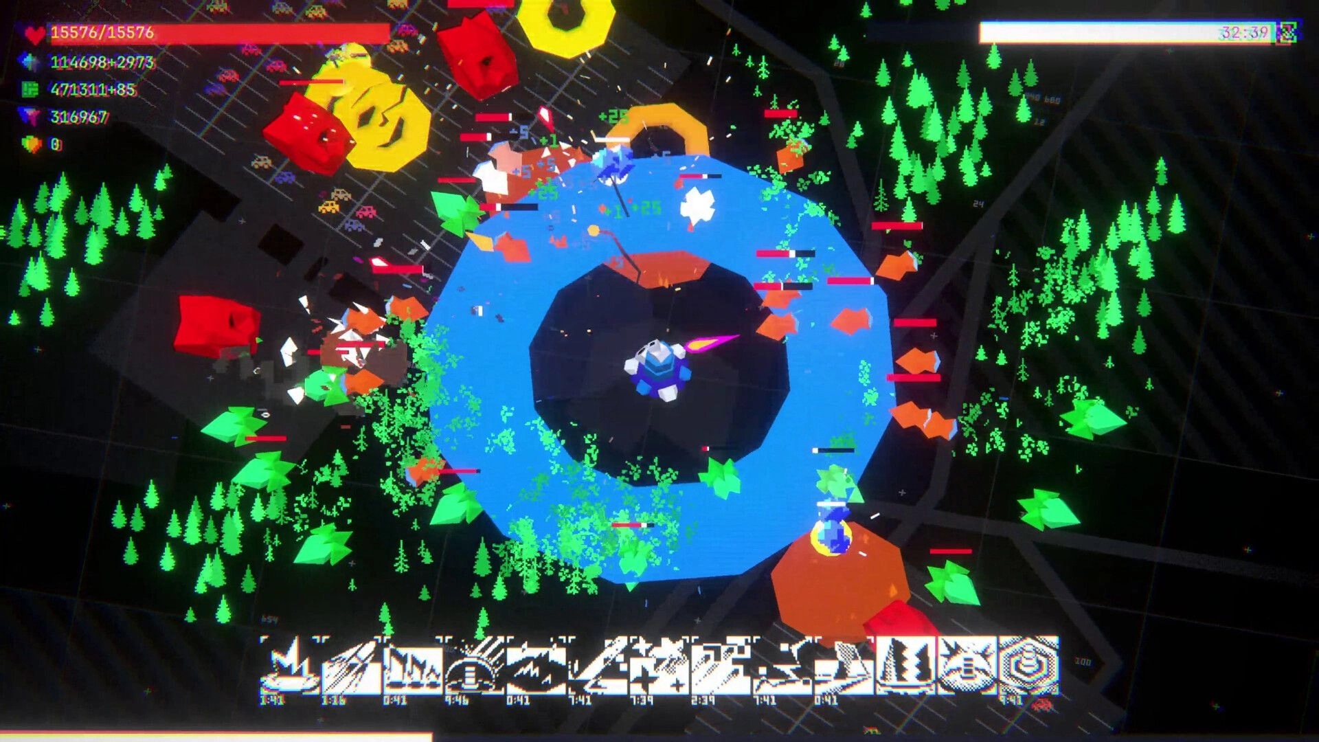 BastionOS: Tower firing in a blue shield ring amid swarming enemies on a neon grid map UI.