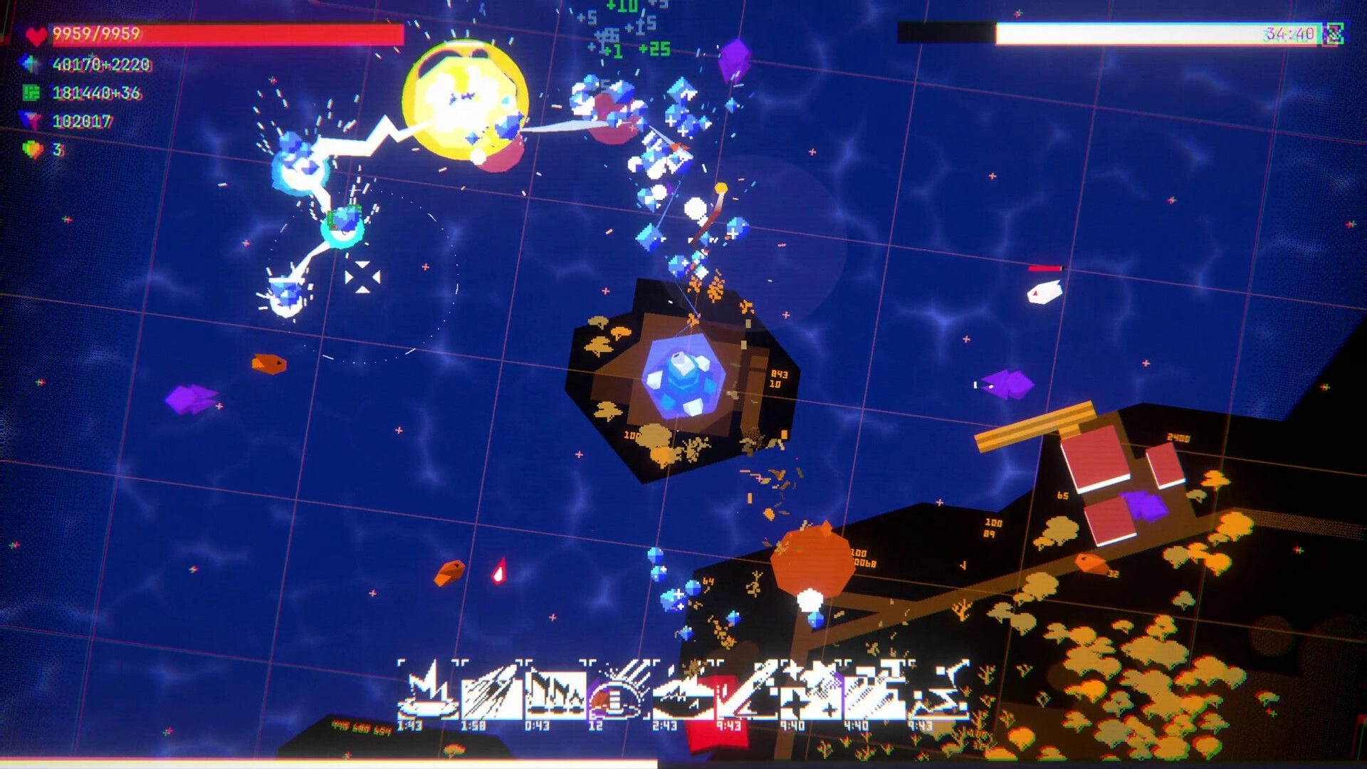 BastionOS: Tower blasts blue enemies with chaining lightning over a neon grid ocean map UI.
