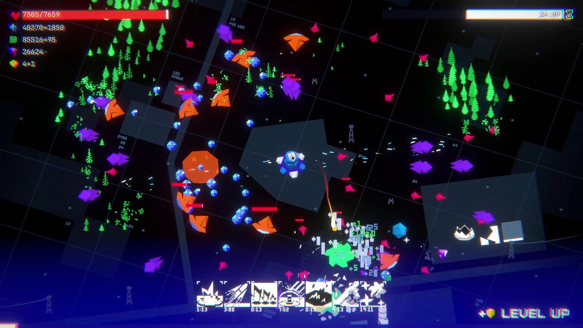 BastionOS: Tower fires at colorful polygon enemies with upgrade icons and health bars in grid arena.