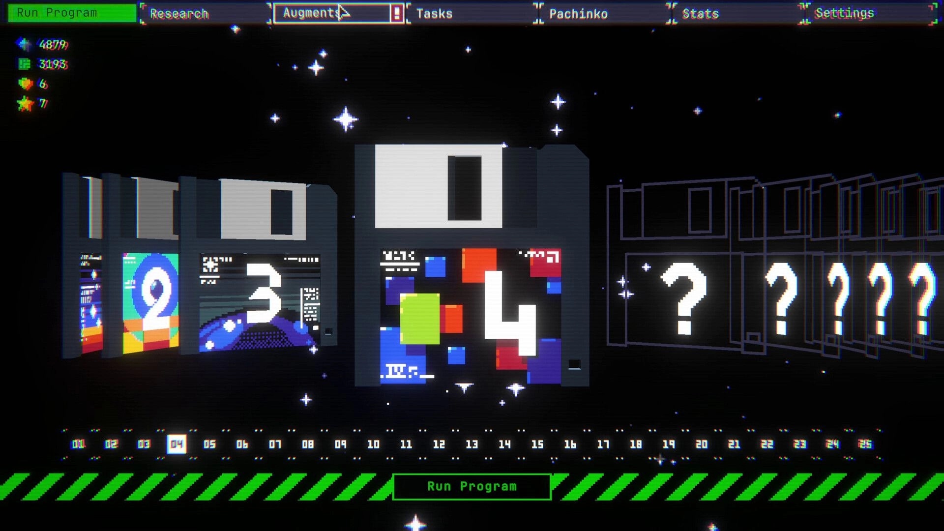 BastionOS: Augments menu with floppy disk cards numbered 2-4 and locked slots in starry void.